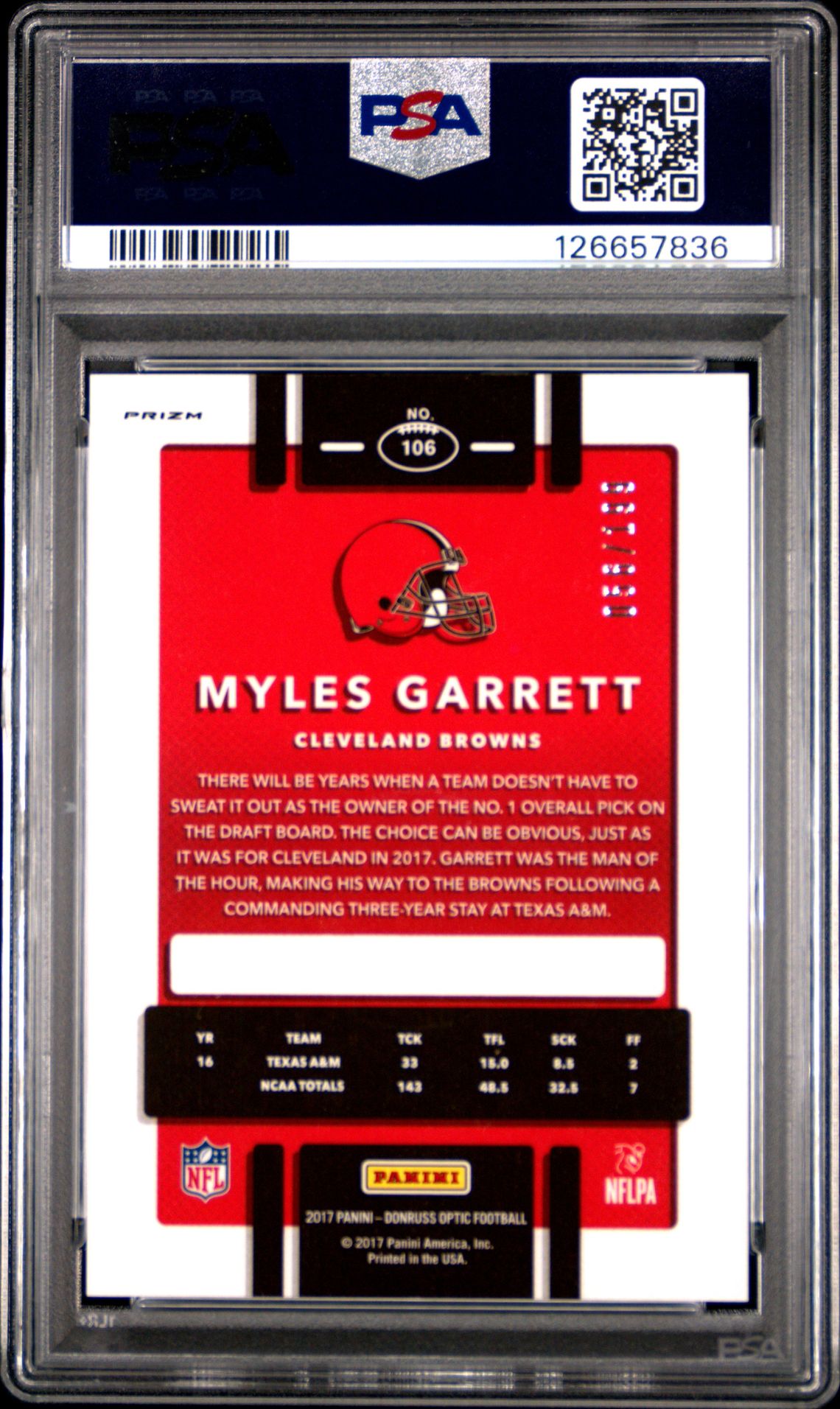 2017 Panini Donruss Optic Myles Garrett #106 (Orange) Gem Mt 10 back