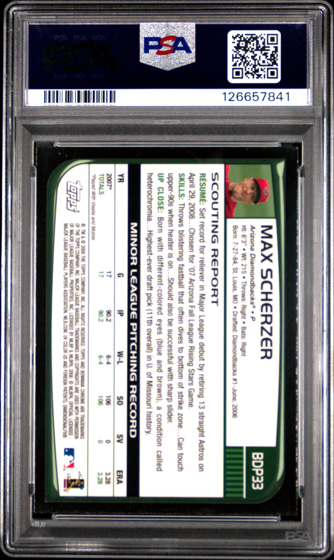 2008 Bowman Chrome Draft Max Scherzer #Bdp33 (Draft) Gem Mt 10 back