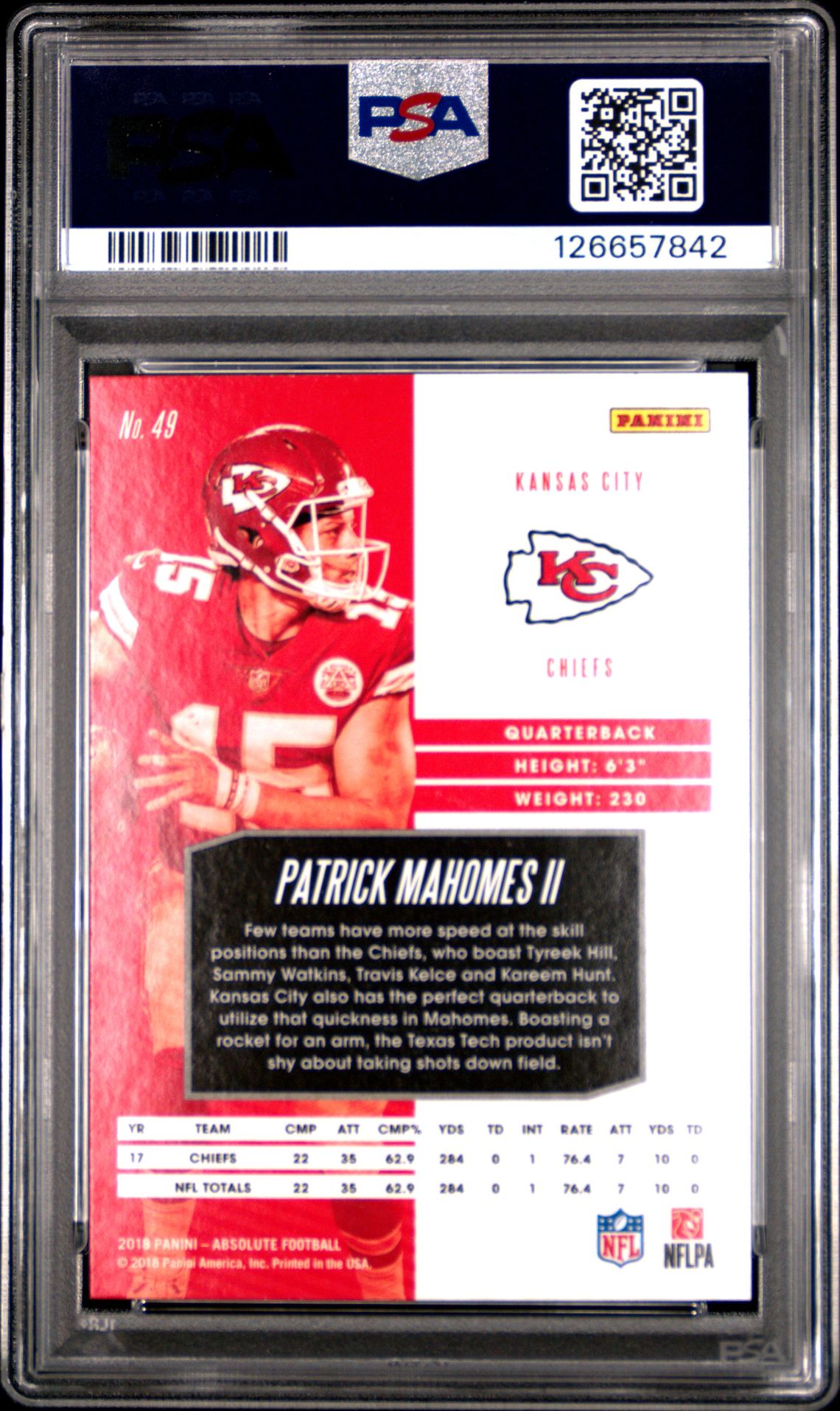 2018 Panini Absolute Patrick Mahomes Ii #49 Gem Mt 10 back