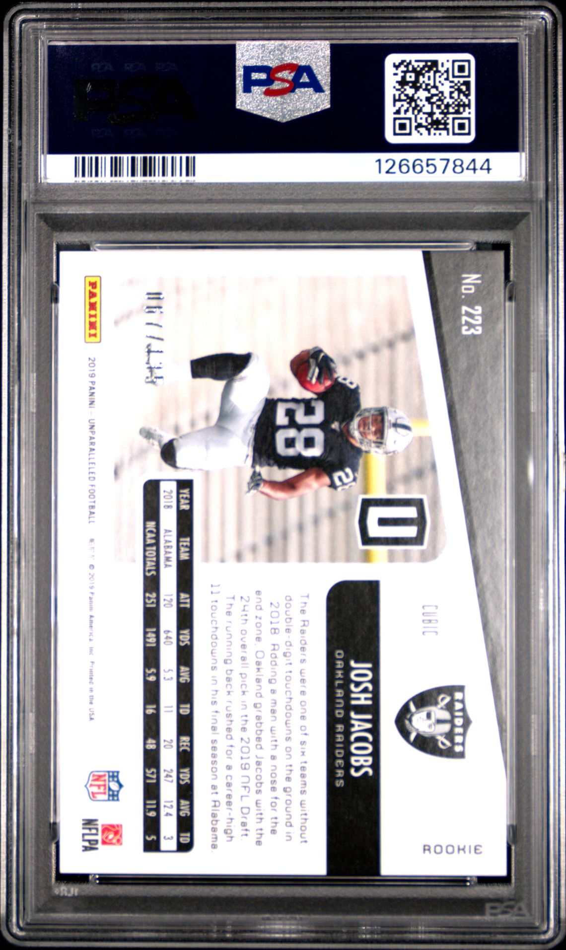 2019 Panini Unparalleled Josh Jacobs #223 (Cubic) Gem Mt 10 back