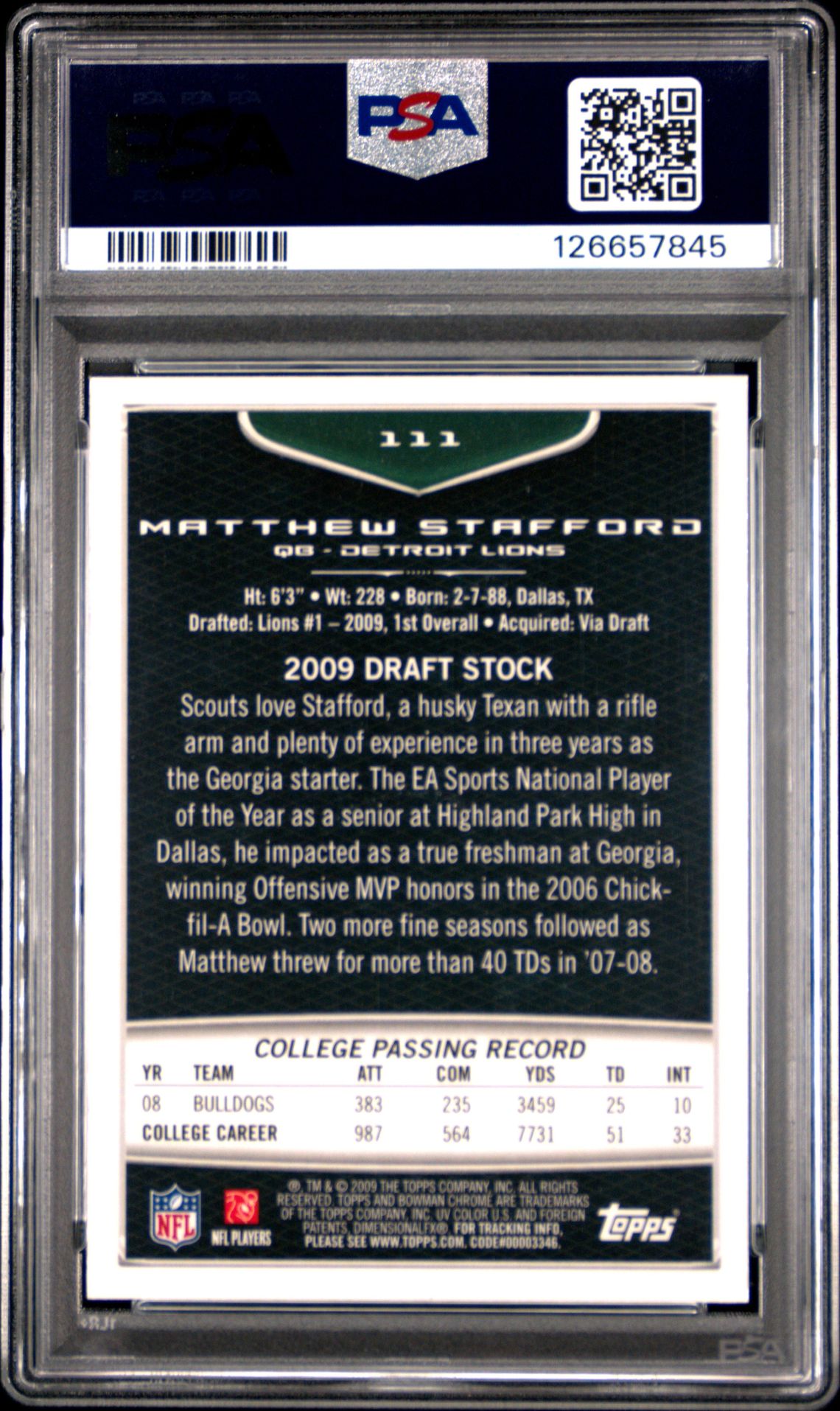 2009 Bowman Chrome Matthew Stafford #111 Gem Mt 10 back