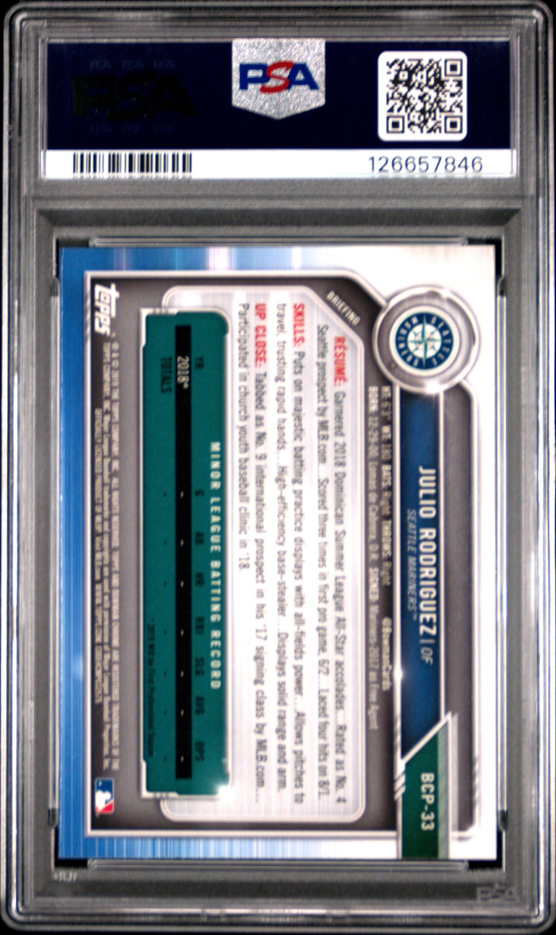 2019 Bowman Prospects Chrome Julio Rodriguez #33 (Prospects Chrome) Gem Mt 10 back