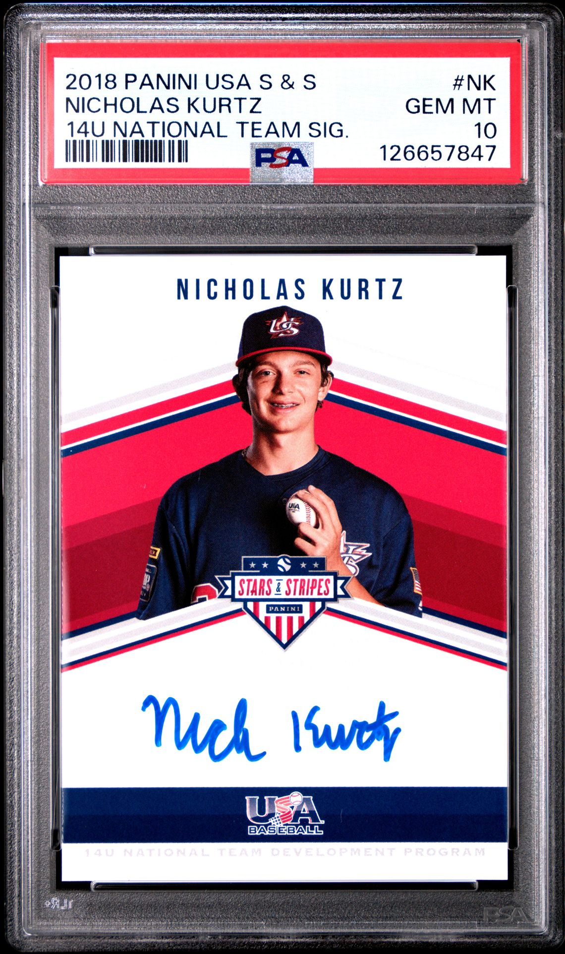 2018 Panini Usa Stars & Stripes 14U National Team Signatures Nicholas Kurtz #Nk (14U National Team Sig.) Gem Mt 10 front
