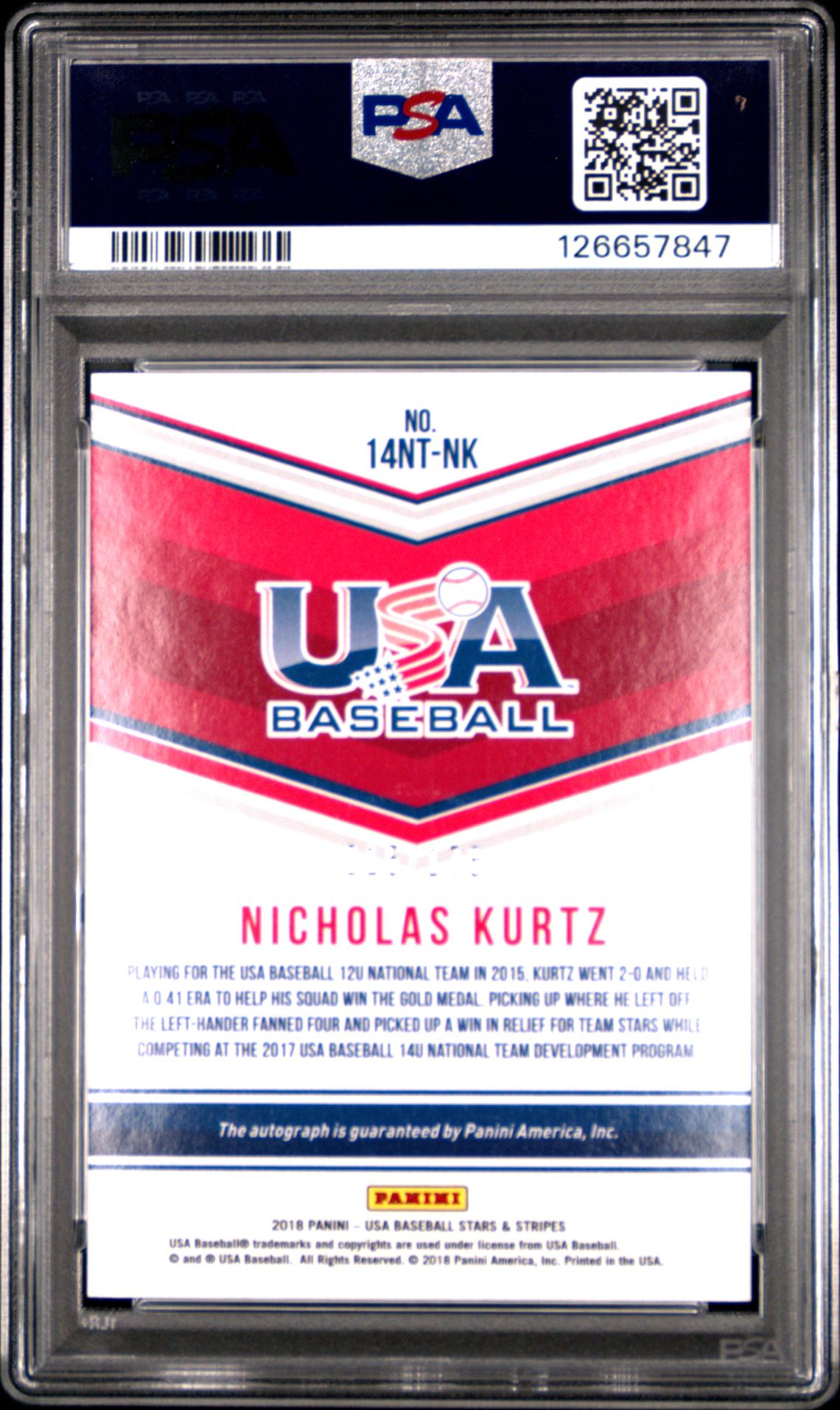 2018 Panini Usa Stars & Stripes 14U National Team Signatures Nicholas Kurtz #Nk (14U National Team Sig.) Gem Mt 10 back
