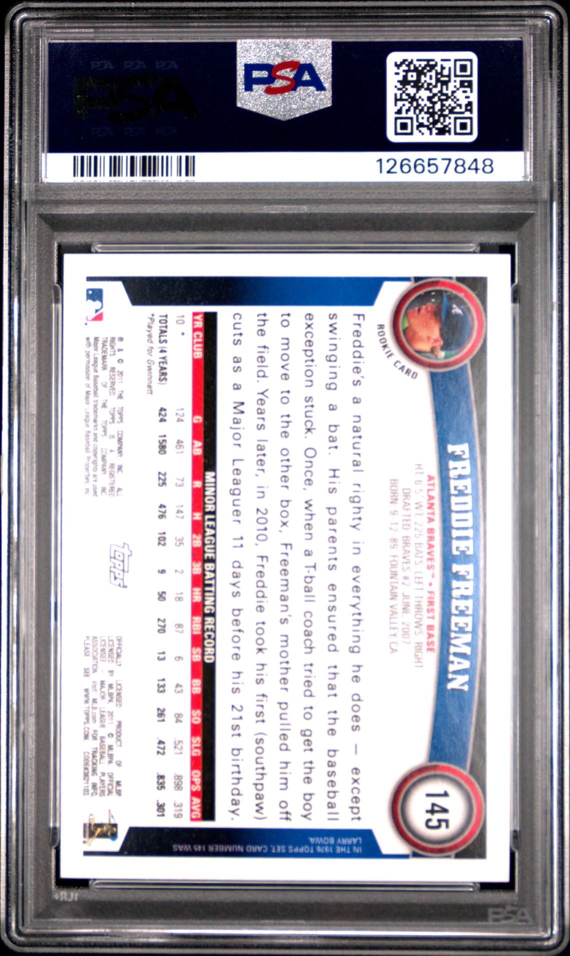 2011 Topps Freddie Freeman #145 Gem Mt 10 back