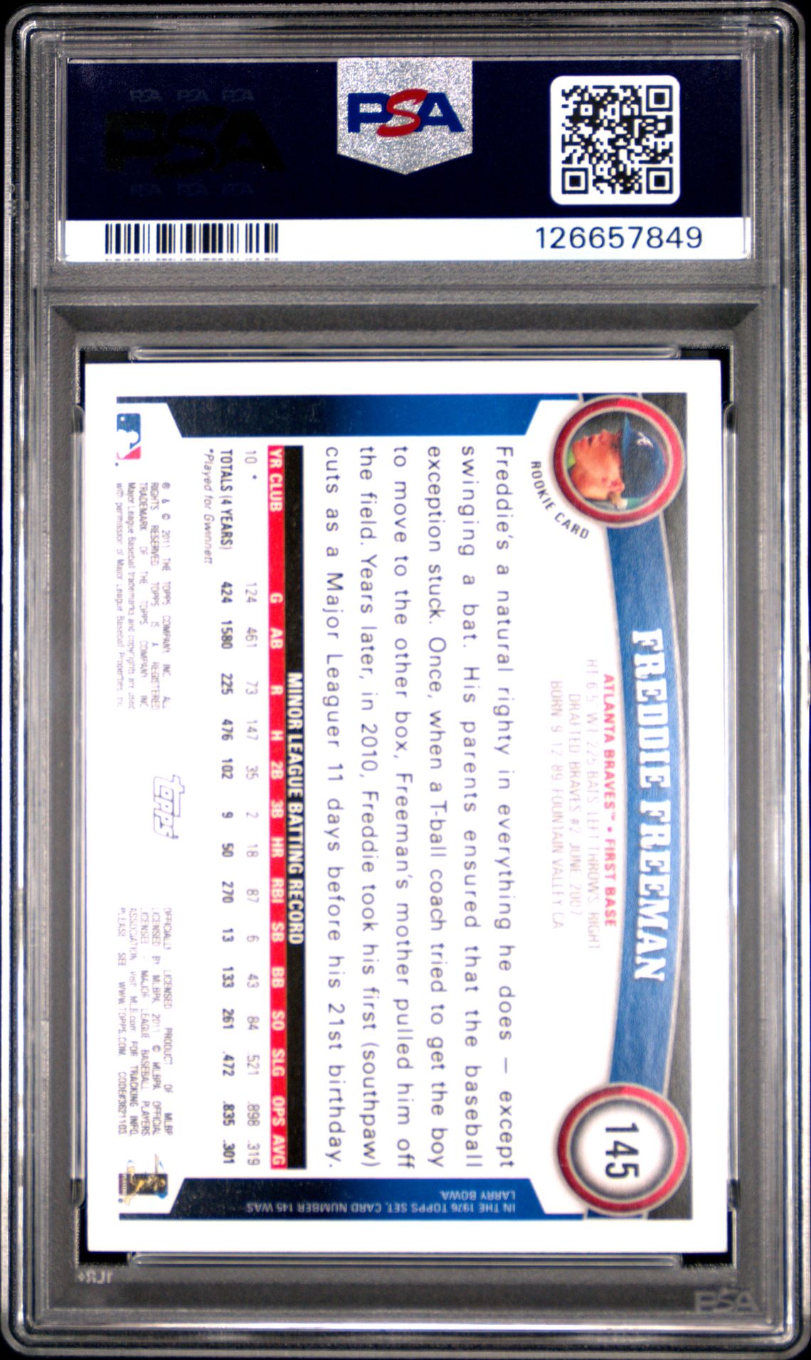 2011 Topps Freddie Freeman #145 Gem Mt 10 back