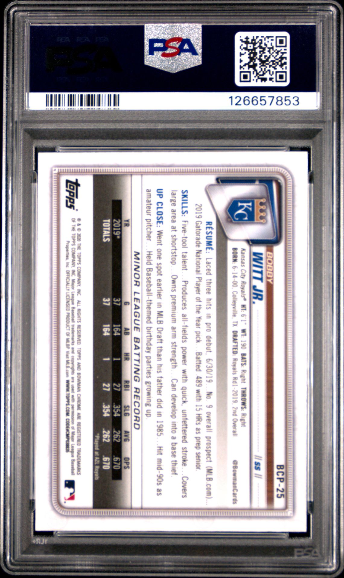 2020 Bowman Chrome Mega Box Bobby Witt Jr. #Bcp25 (Mega Box) Mint 9 back