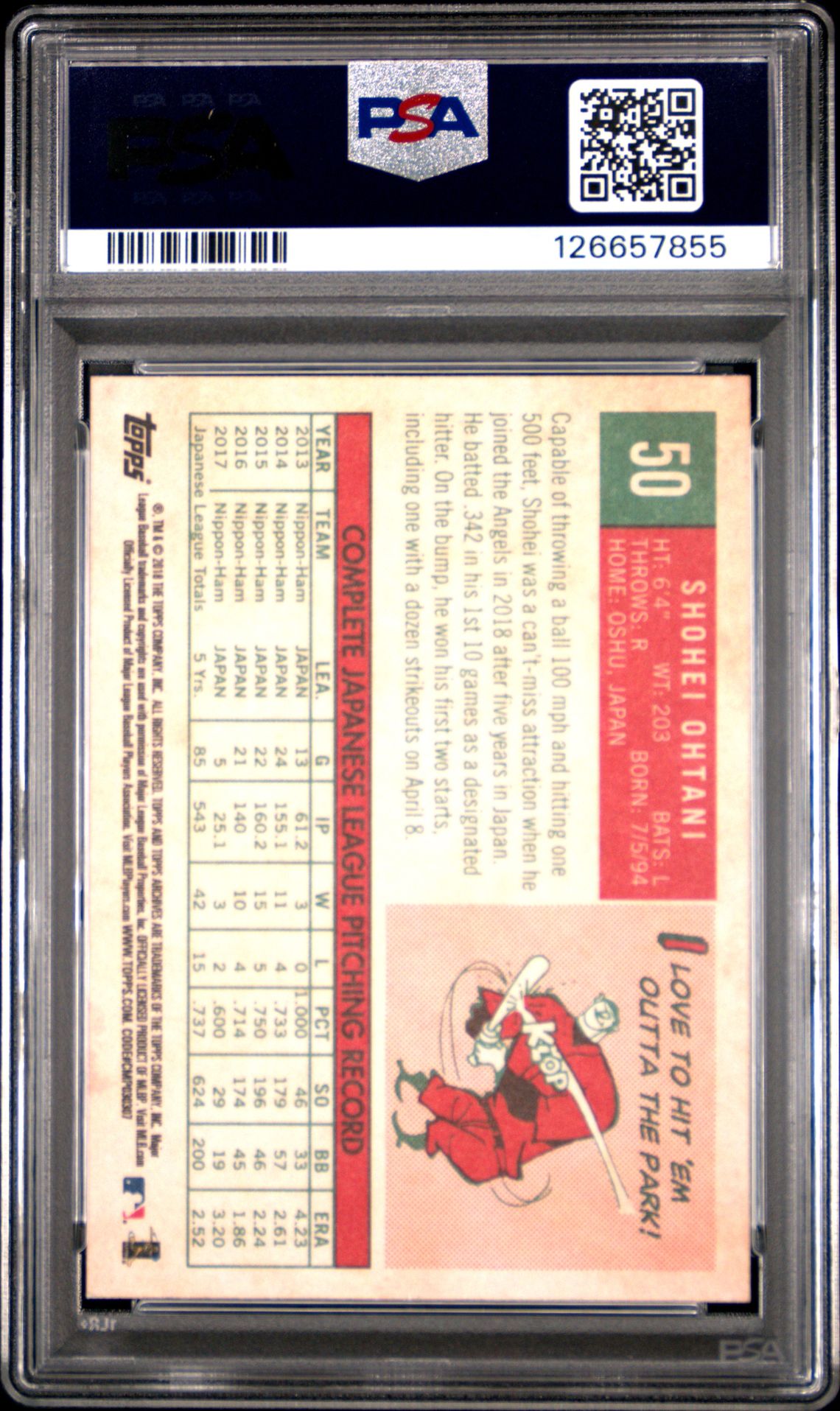 2018 Topps Archives Shohei Ohtani #50 (Pitching Stance) Gem Mt 10 back