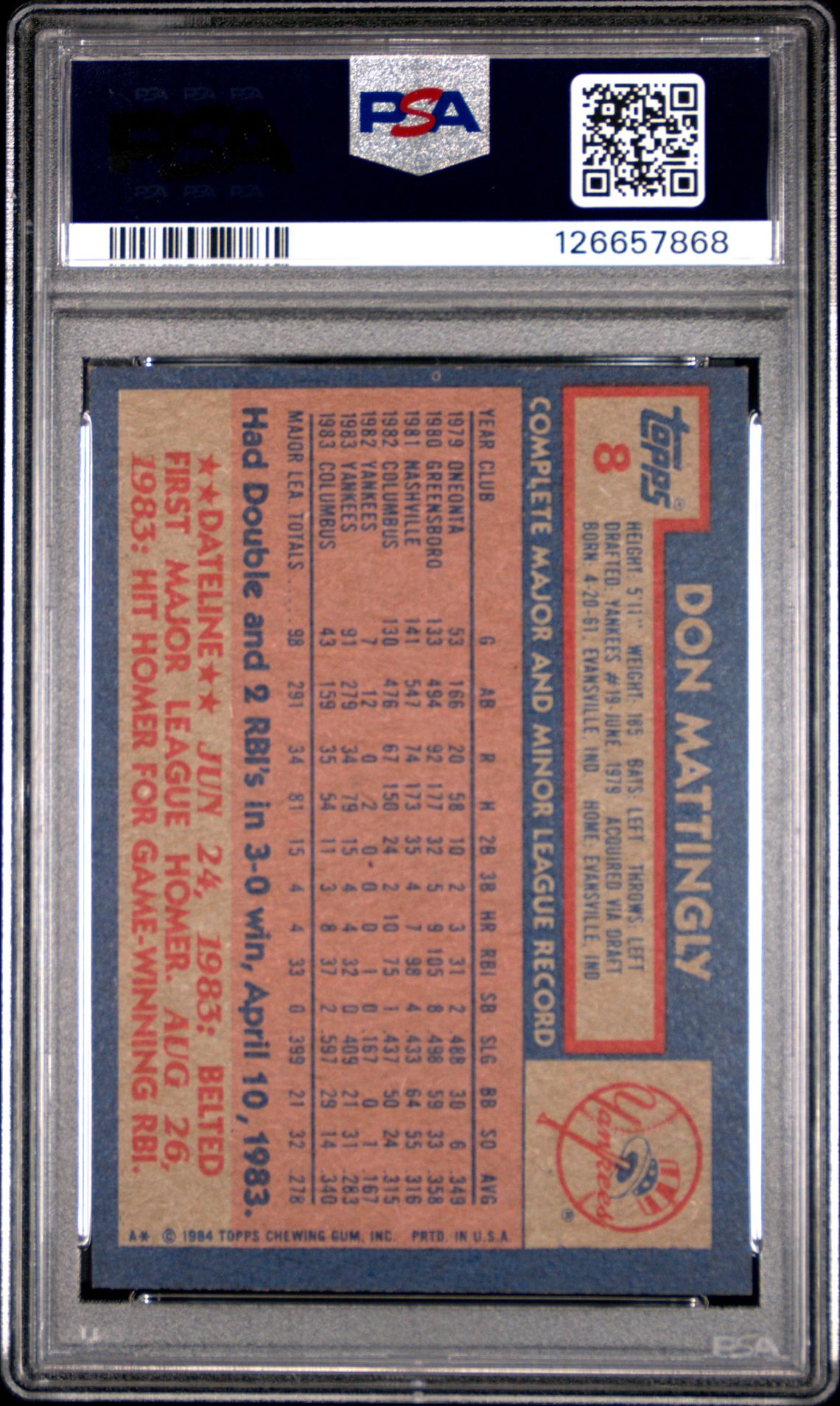 1984 Topps Don Mattingly #8 Nm 7 back