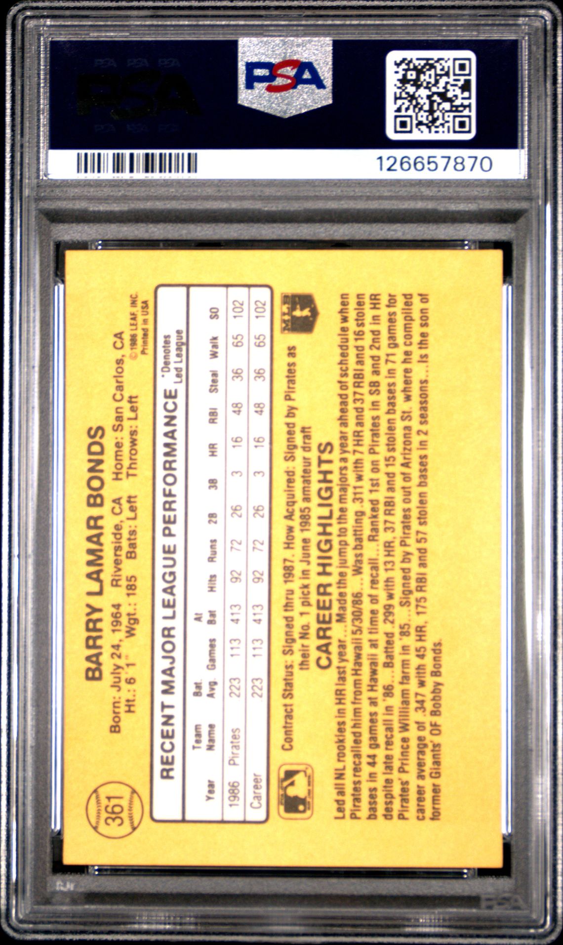 1987 Donruss Barry Bonds #361 Nm-Mt 8 back