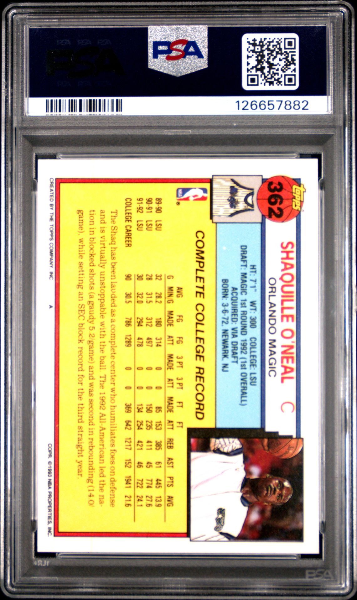 1992 Topps Shaquille O'neal #362 Nm 7 back