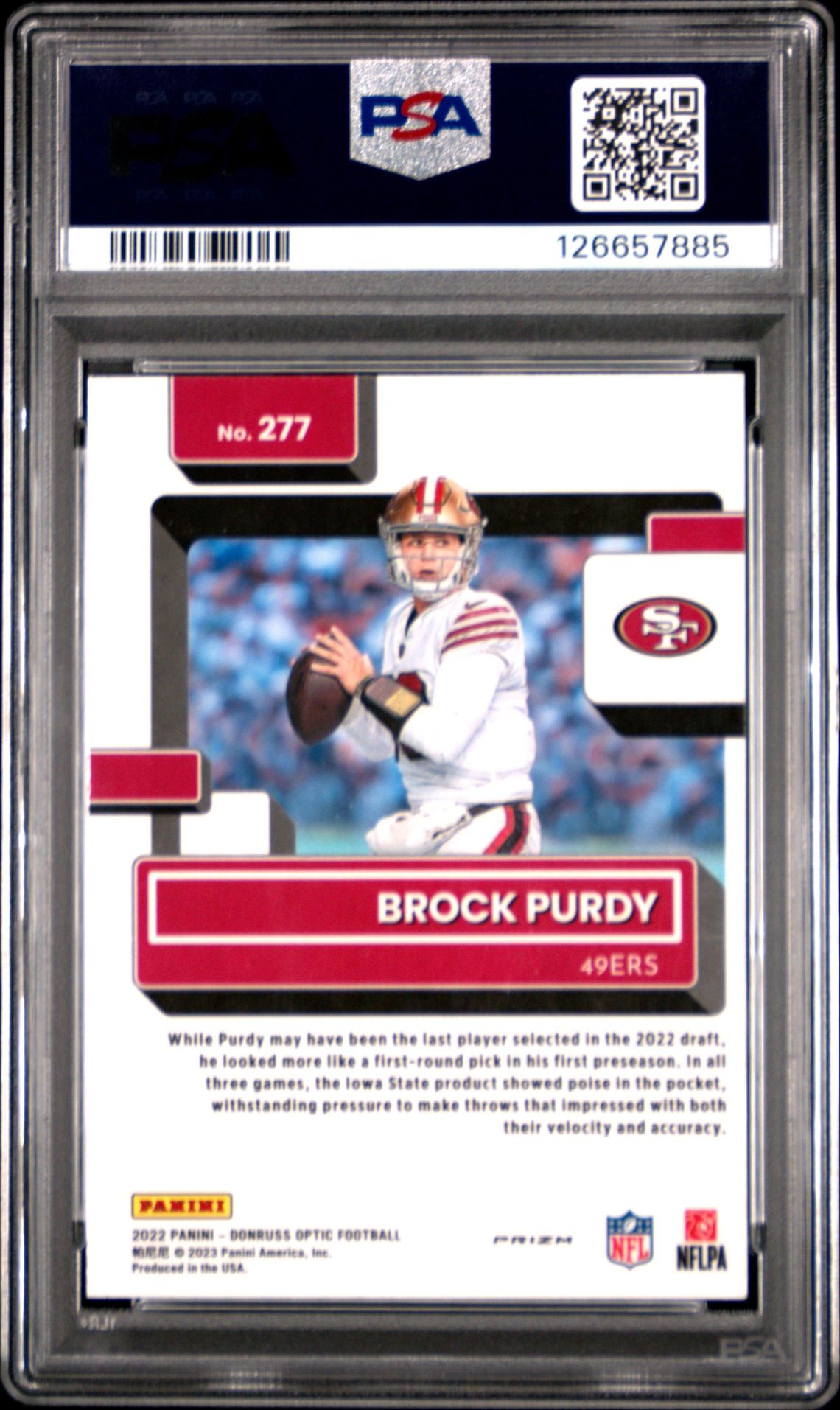 2022 Panini Donruss Optic Brock Purdy #277 (Purple Shock) Mint 9 back