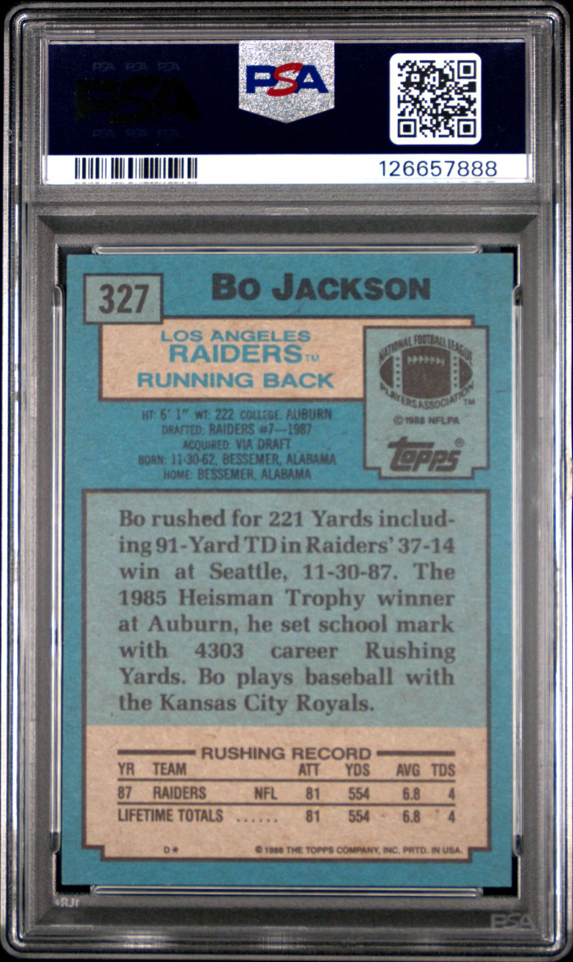 1988 Topps Bo Jackson #327 Nm-Mt 8 back