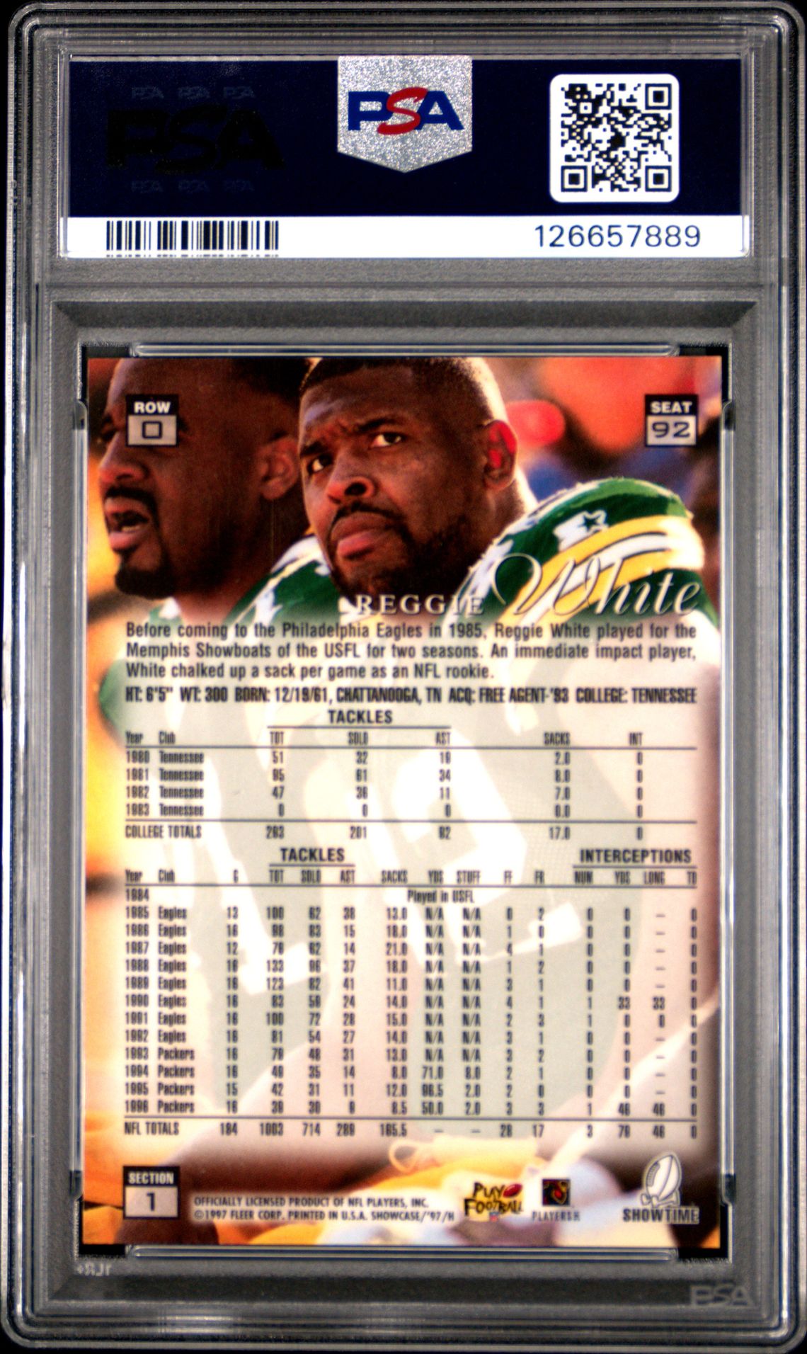 1997 Flair Showcase Reggie White #92 (Row 0) Nm-Mt 8 back
