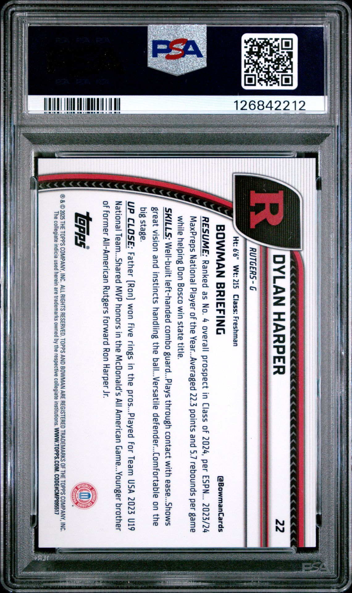 2024 Bowman Chrome University Dylan Harper #22 (Red Wave) Gem Mt 10 back