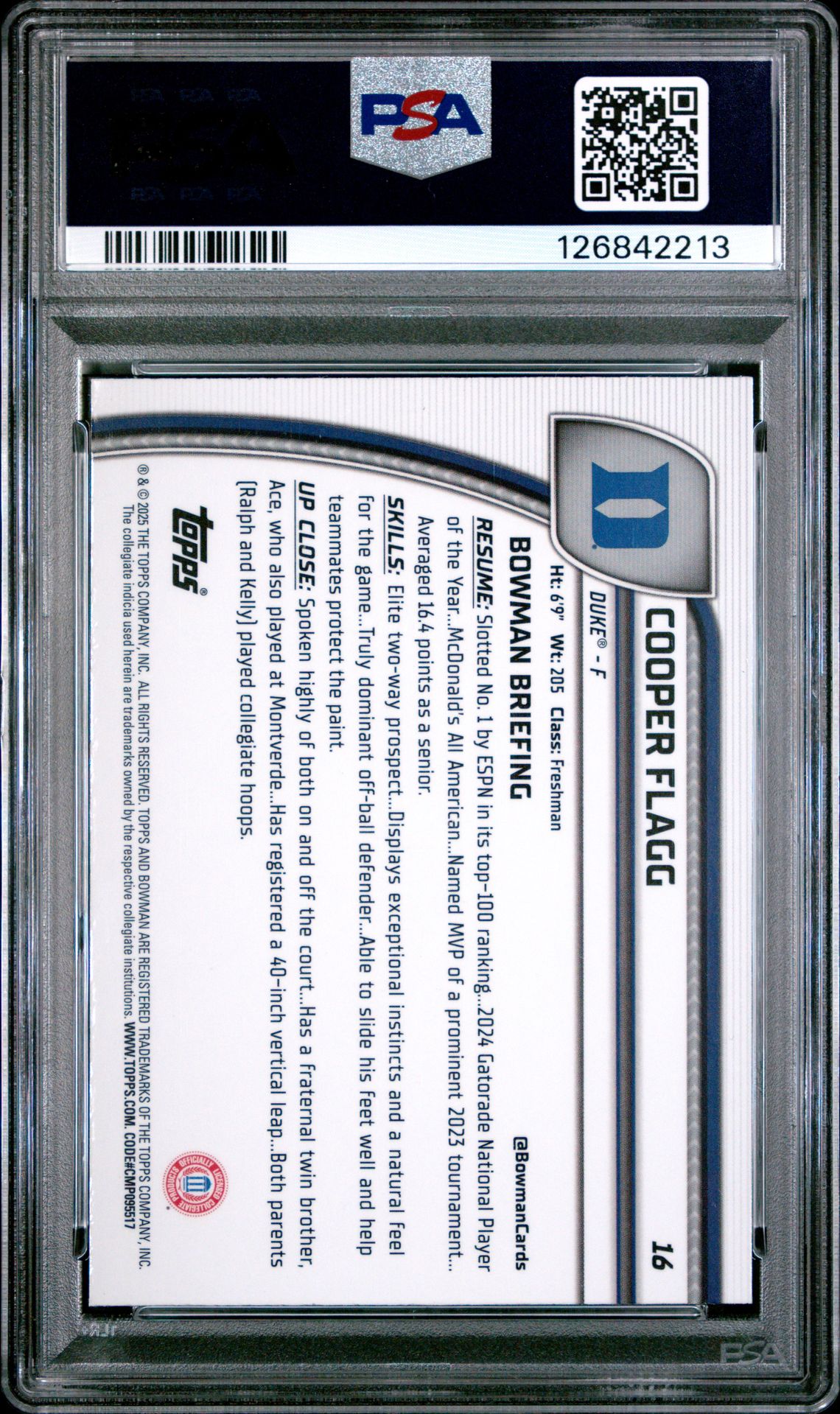 2024 Bowman Chrome University Cooper Flagg #16 (Aqua Wave) Mint 9 back