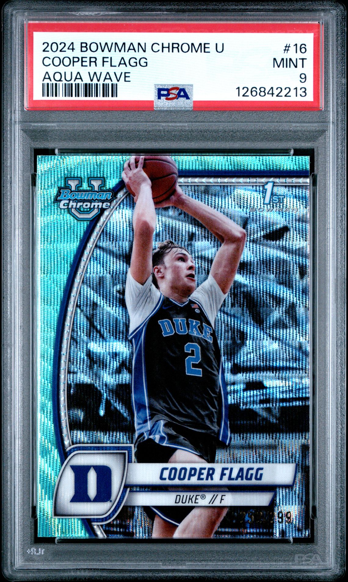 2024 Bowman Chrome University Cooper Flagg #16 (Aqua Wave) Mint 9 front