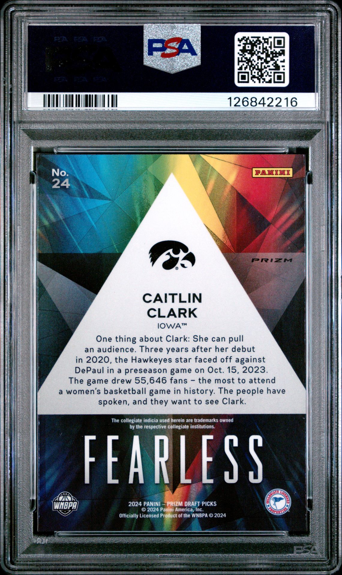 2024 Panini Prizm Draft Picks Fearless Caitlin Clark #24 (Fearless-Silver Prizm) Mint 9 back