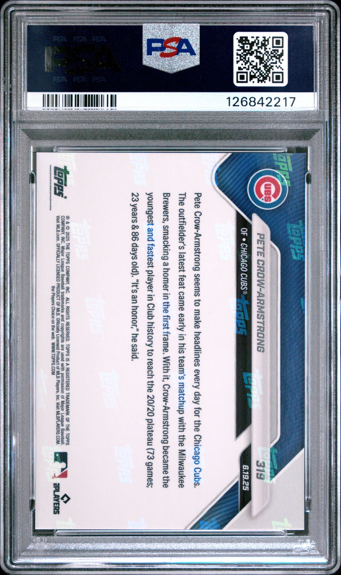 2025 Topps Now Pete Crow-Armstrong #319 Gem Mt 10 back