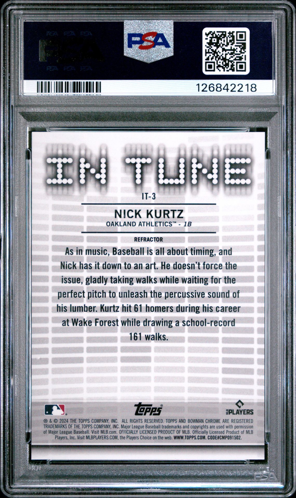 2024 Bowman Draft In Tune Nick Kurtz #It3 (In Tune-Refractor) Gem Mt 10 back