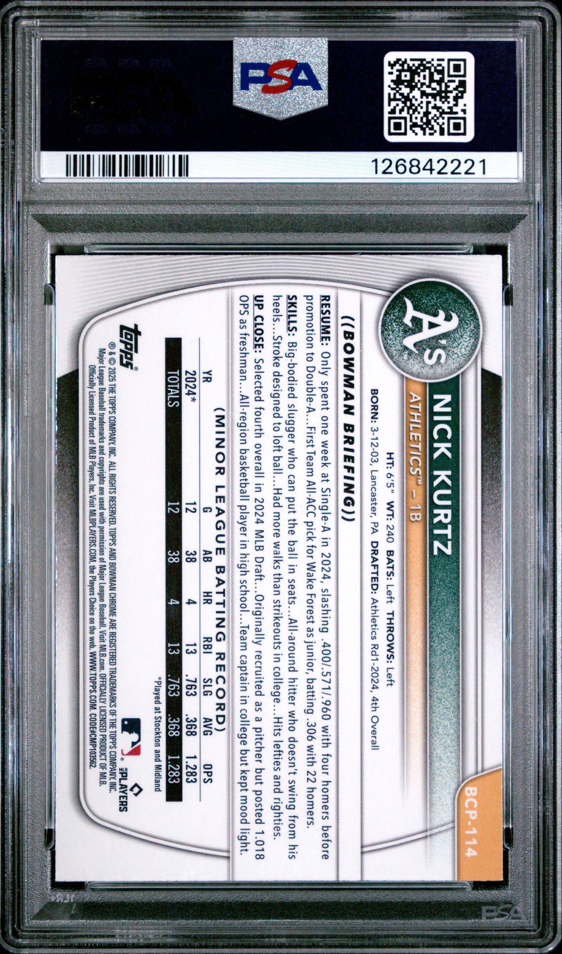 2025 Bowman Mega Box Chrome Prospects Nick Kurtz #114 (Prospects-Yellow Ref) Mint 9 back