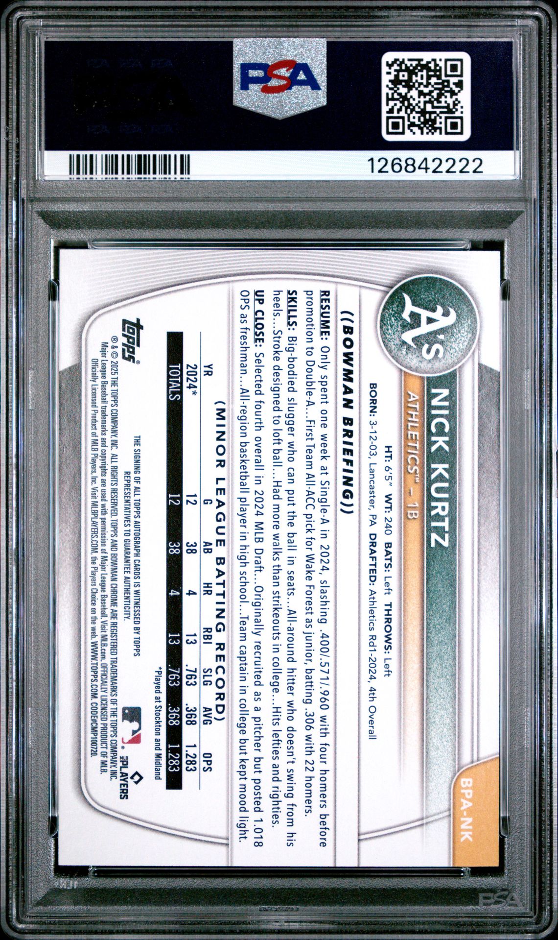 2025 Bowman Bowman Prospect Autographs Nick Kurtz #Bpank Gem Mt 10 back