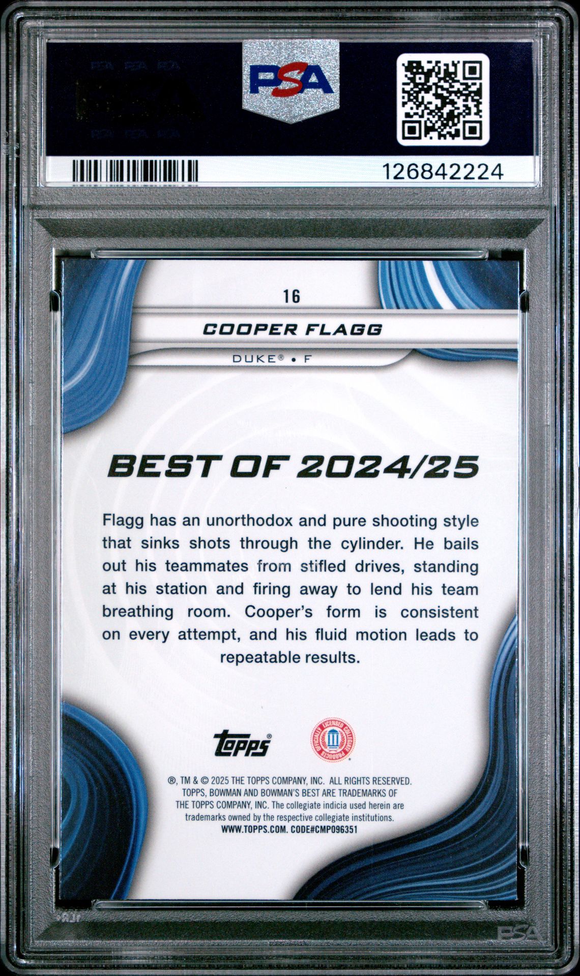 2024 Bowman University Best Cooper Flagg #16 (Aqua Lava) Gem Mt 10 back