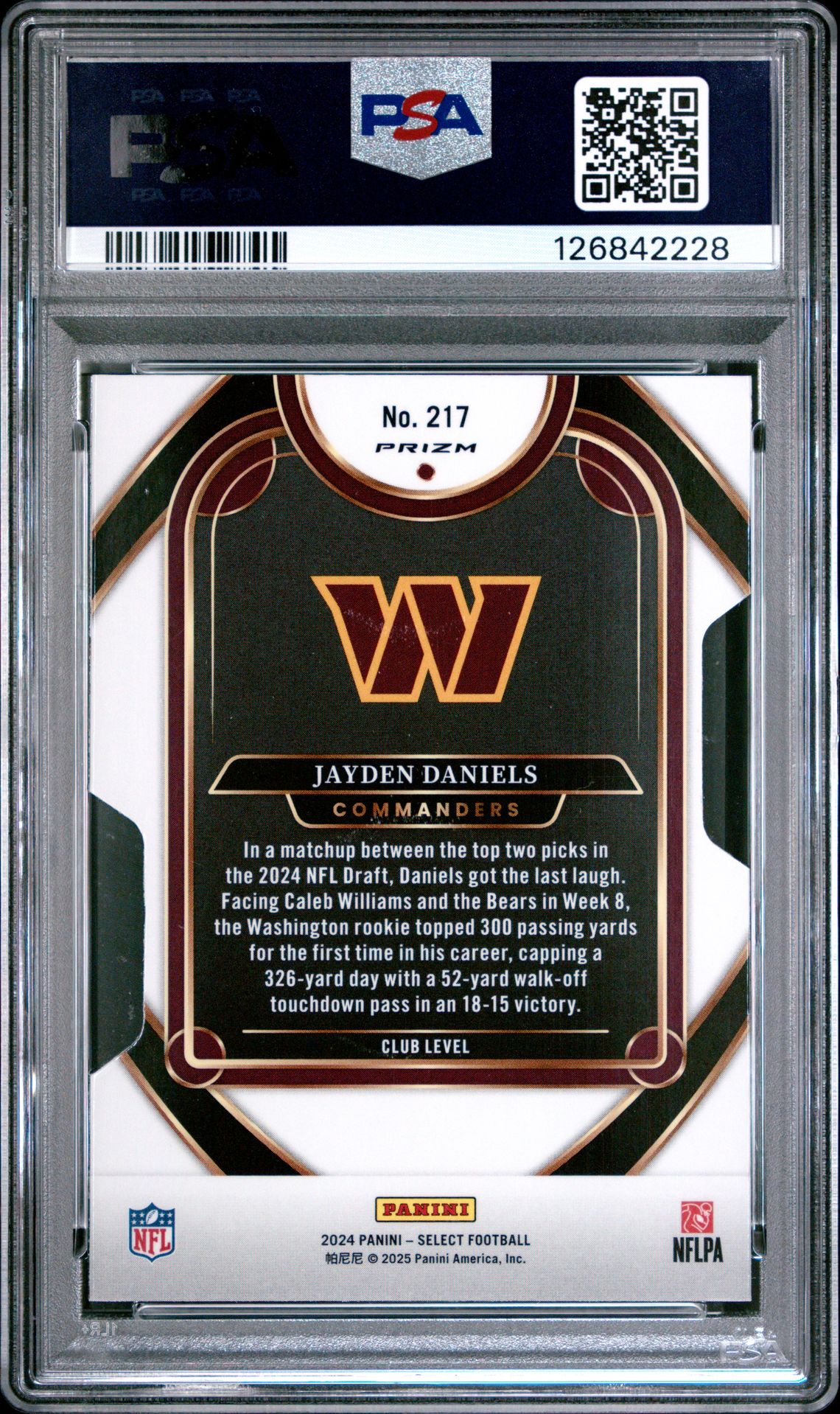 2024 Panini Select Jayden Daniels #217 (Die-Cut Silver Prizm) Mint 9 back