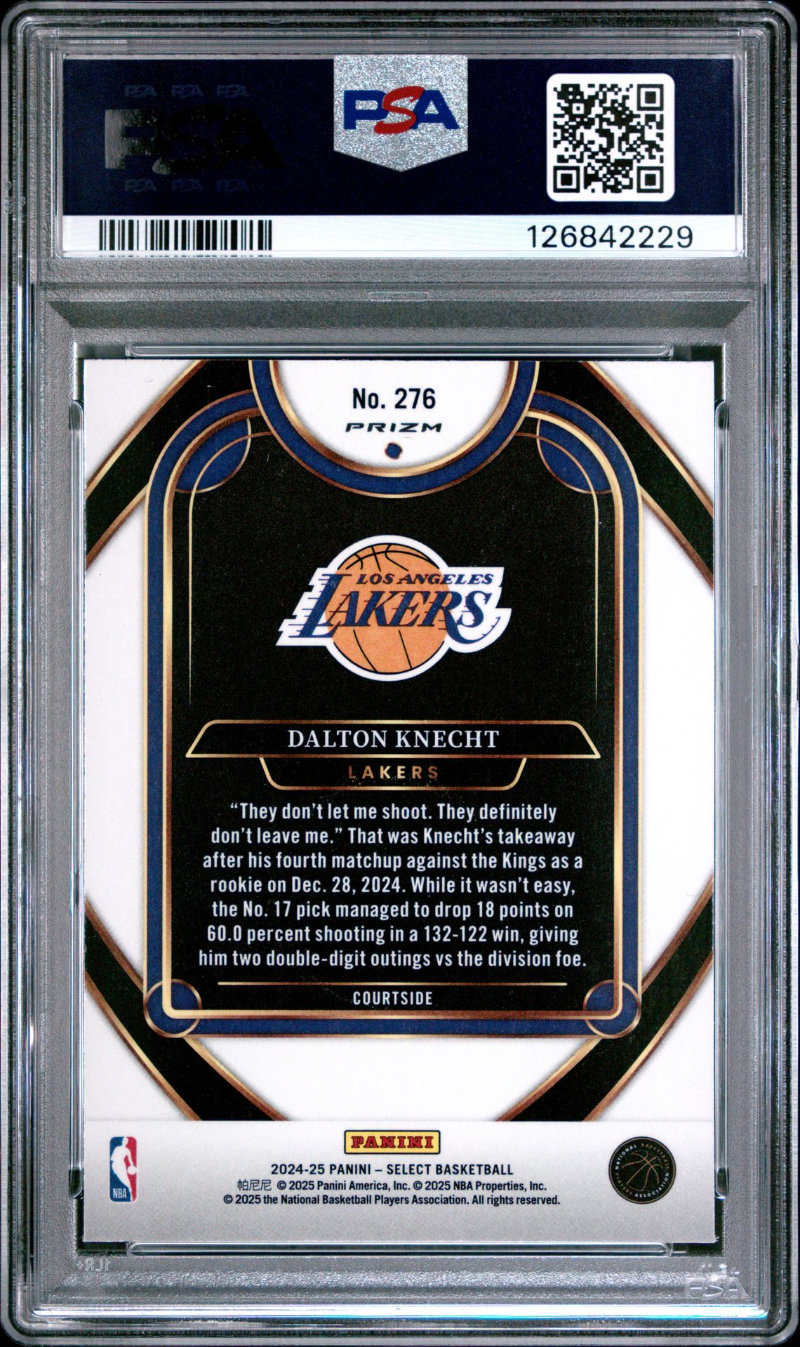 2024 Panini Select Dalton Knecht #276 (Tiger Prizm) Gem Mt 10 back