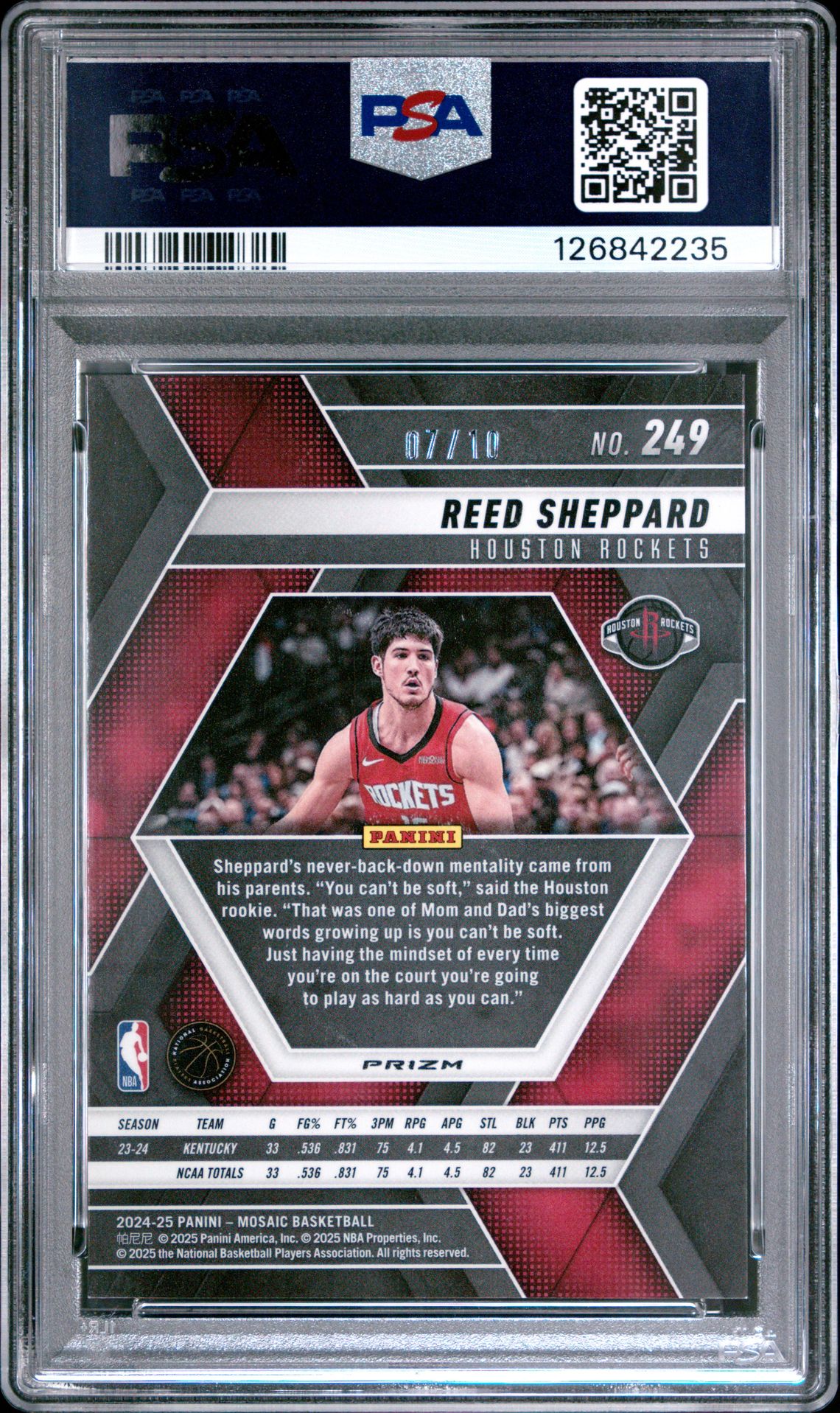 2024 Panini Mosaic Reed Sheppard #249 (Spectris Gold Fotl) Mint 9 back