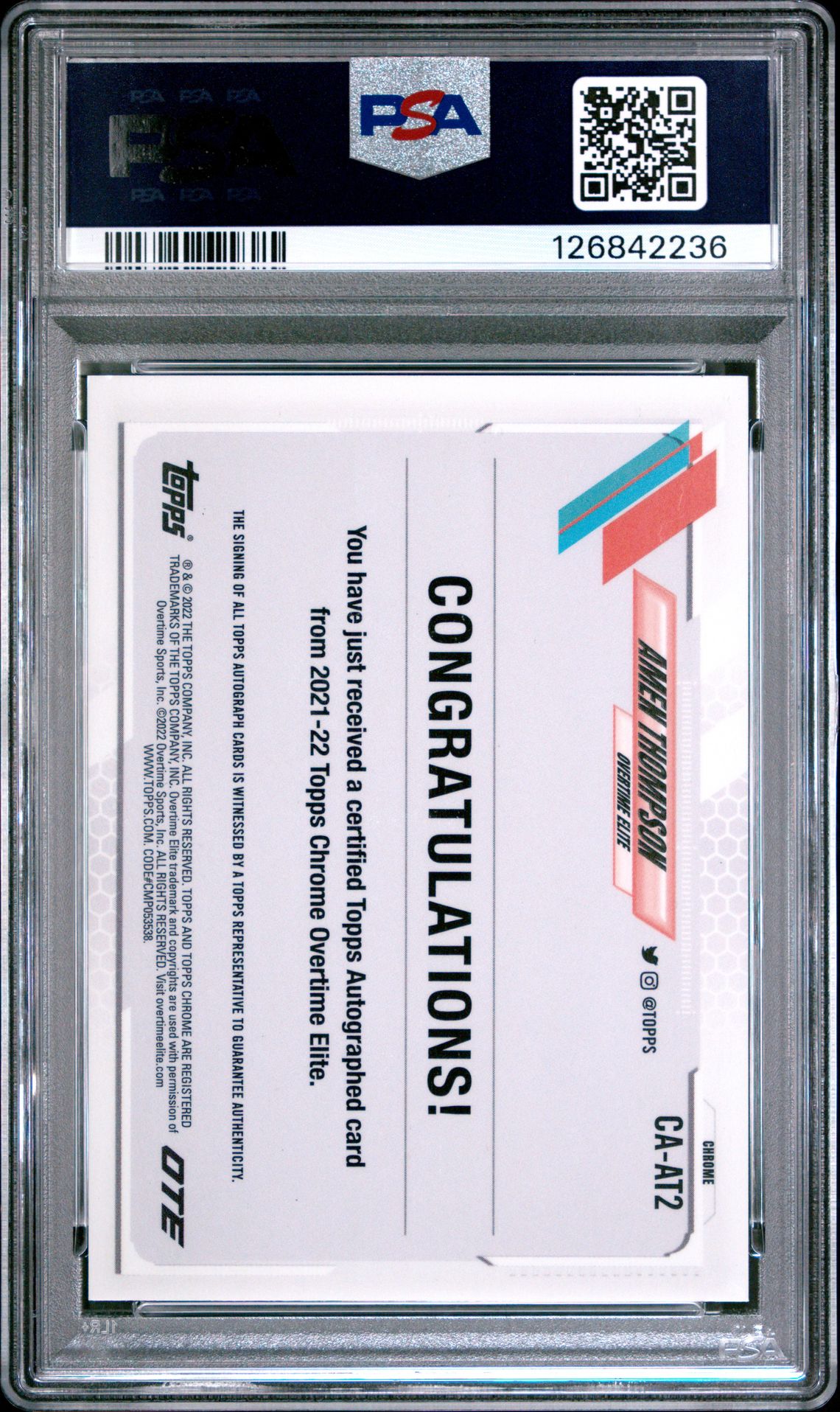 2021 Topps Chrome Overtime Elite Autographs Amen Thompson #Caat2 (Ote Autograph) Gem Mt 10 back