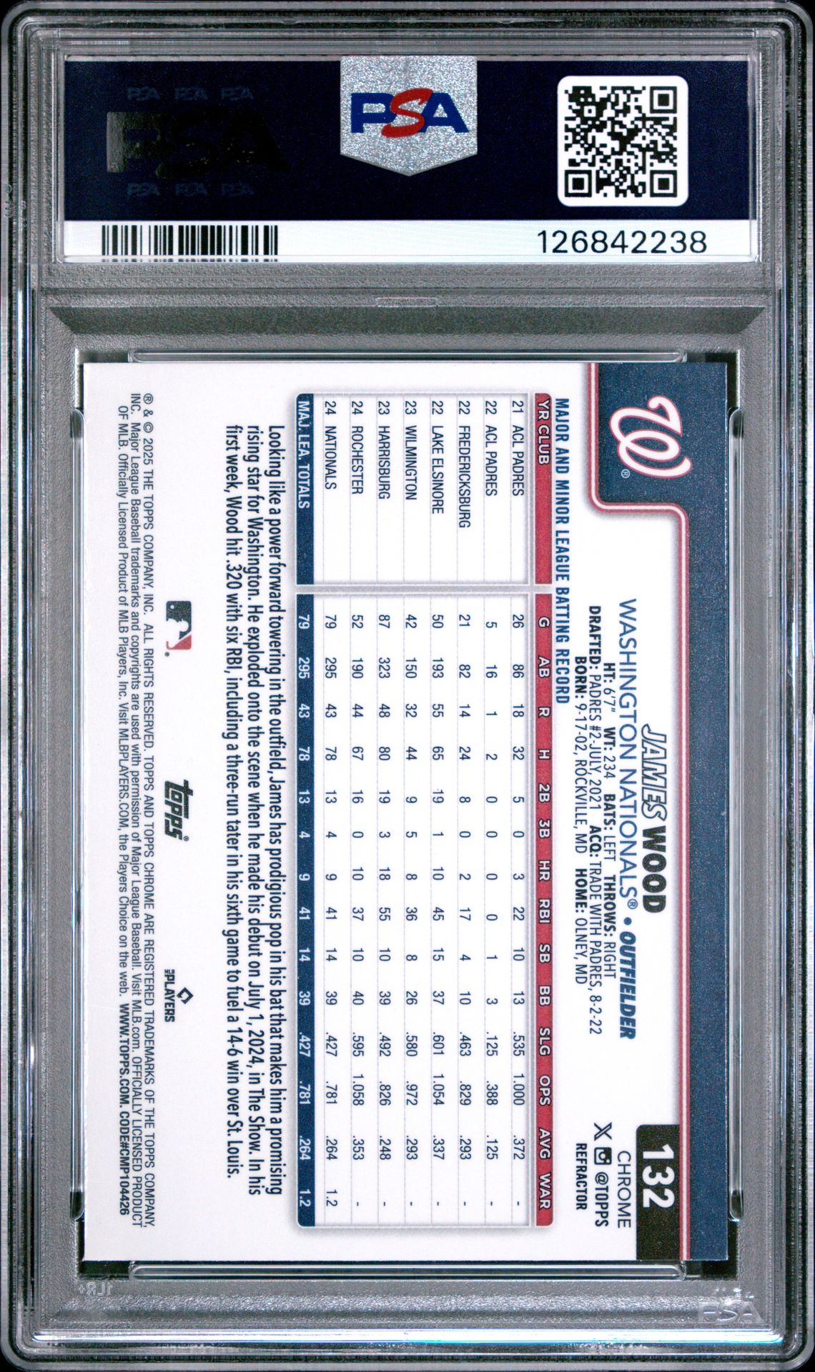 2025 Topps Chrome James Wood #132 (Refractor) Gem Mt 10 back