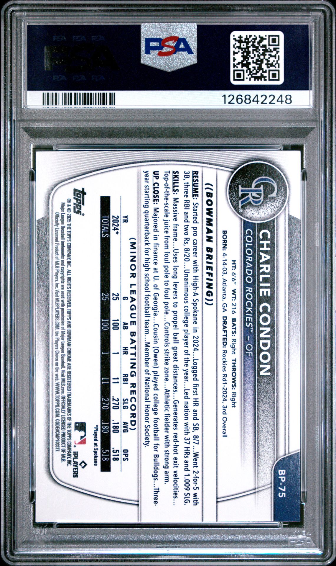 2025 Bowman Paper Prospects Charlie Condon #Bp75 (Paper Pros-Retro Logo Foil) Gem Mt 10 back