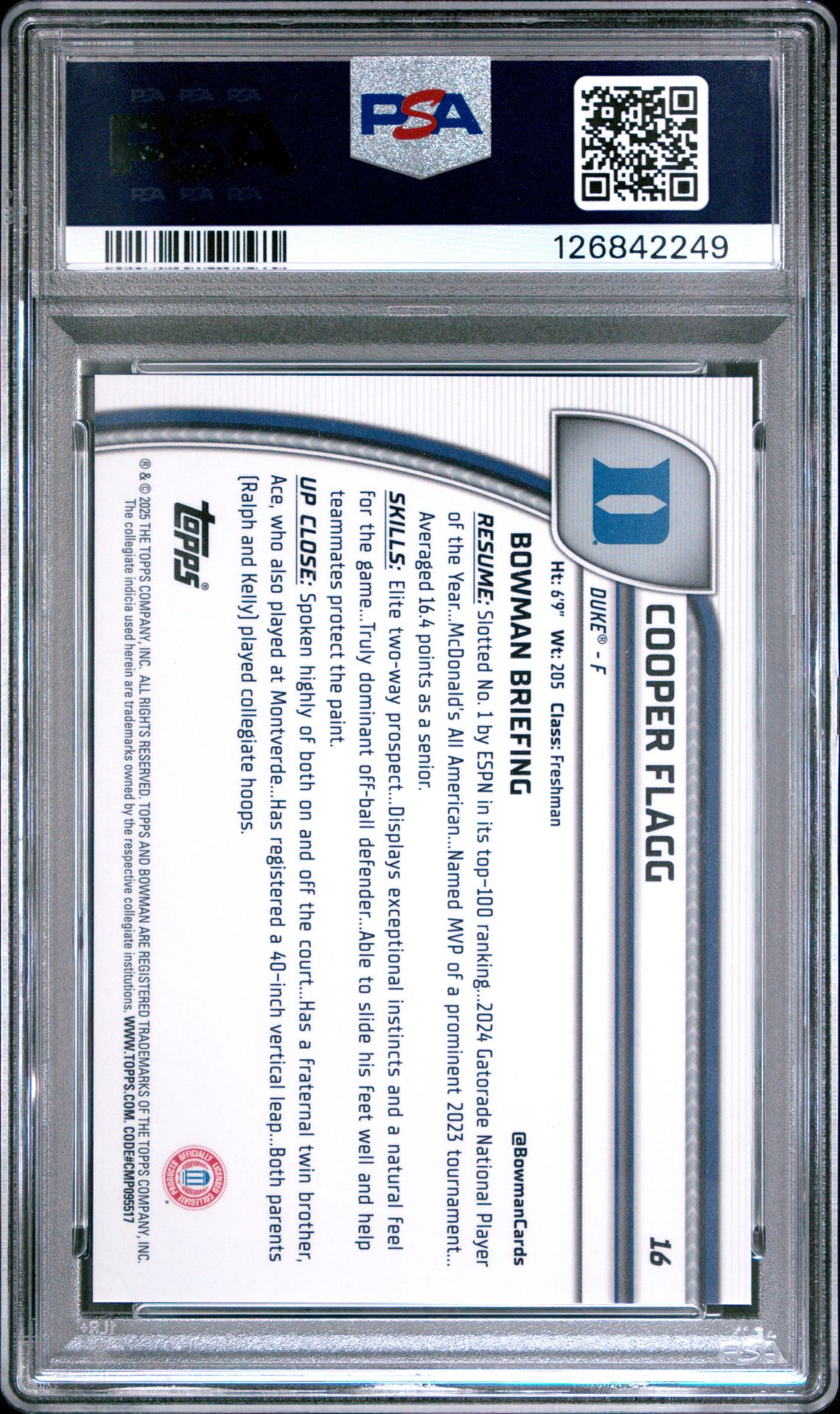 2024 Bowman Chrome University Cooper Flagg #16 (Black Wave) Mint 9 back