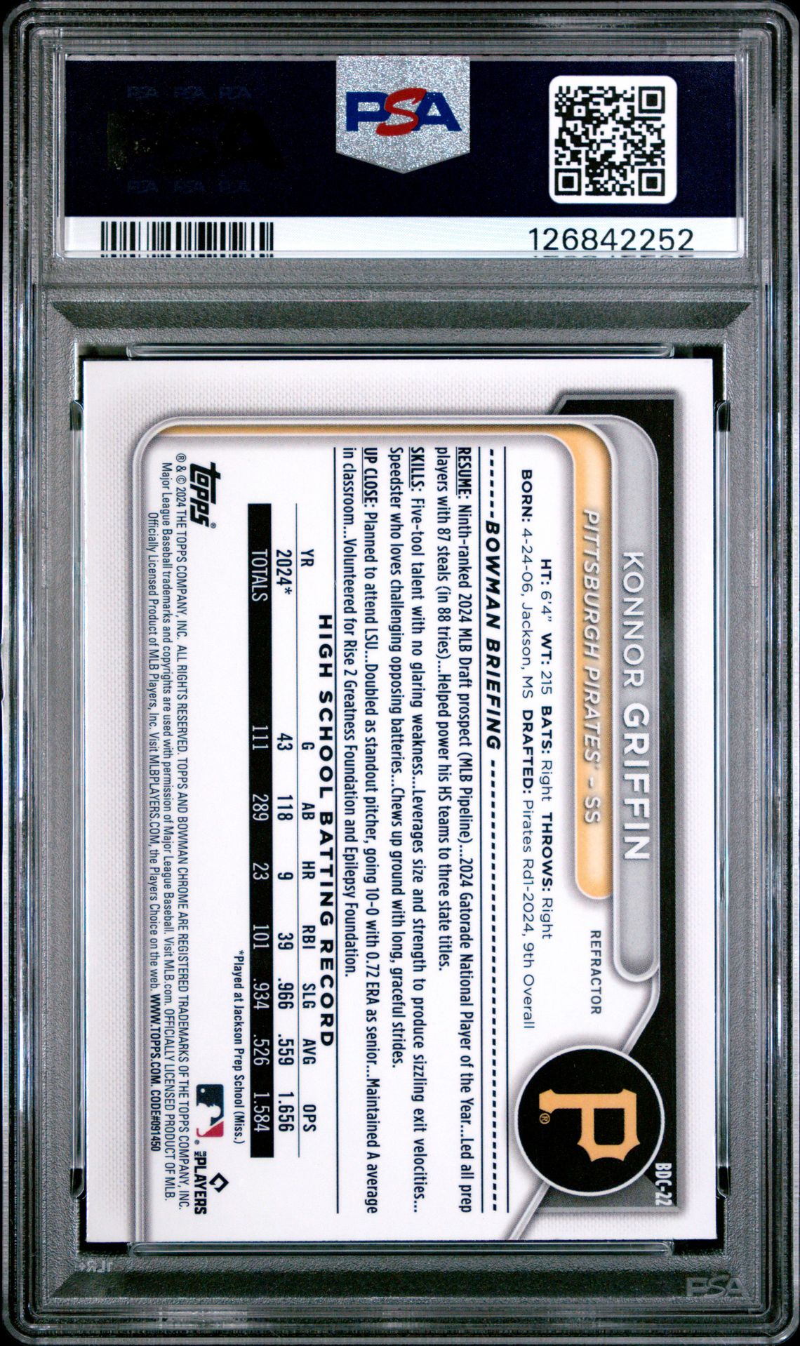 2024 Bowman Draft Konnor Griffin #Bdc22 (Chrome-Refractor) Mint 9 back