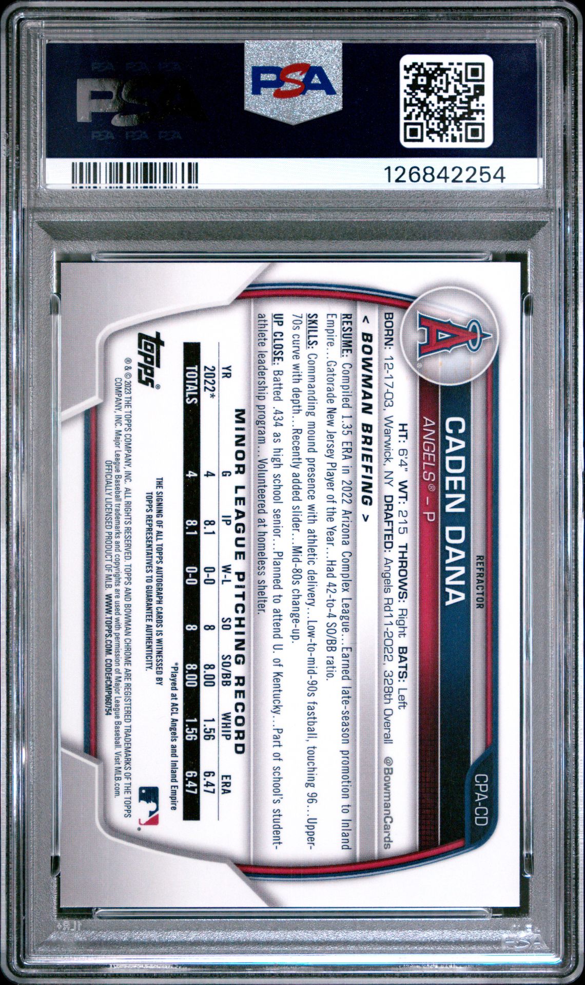 2023 Bowman Chrome Prospect Autographs Caden Dana #Cpacd (Chr Pros Auto-Refractor) Mint 9 back