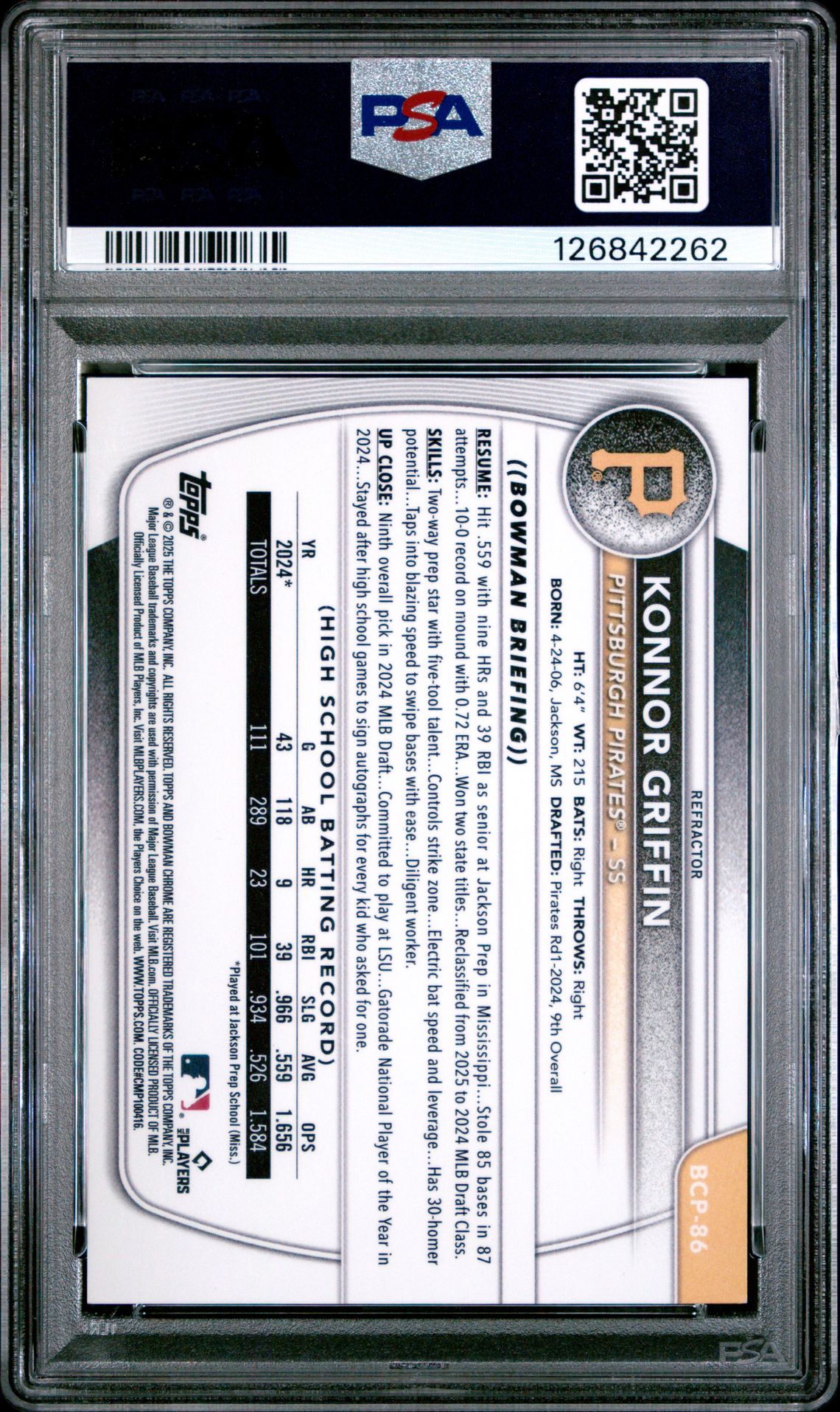 2025 Bowman Chrome Prospects Konnor Griffin #Bcp86 (Chrome Pros-Refractor) Mint 9 back