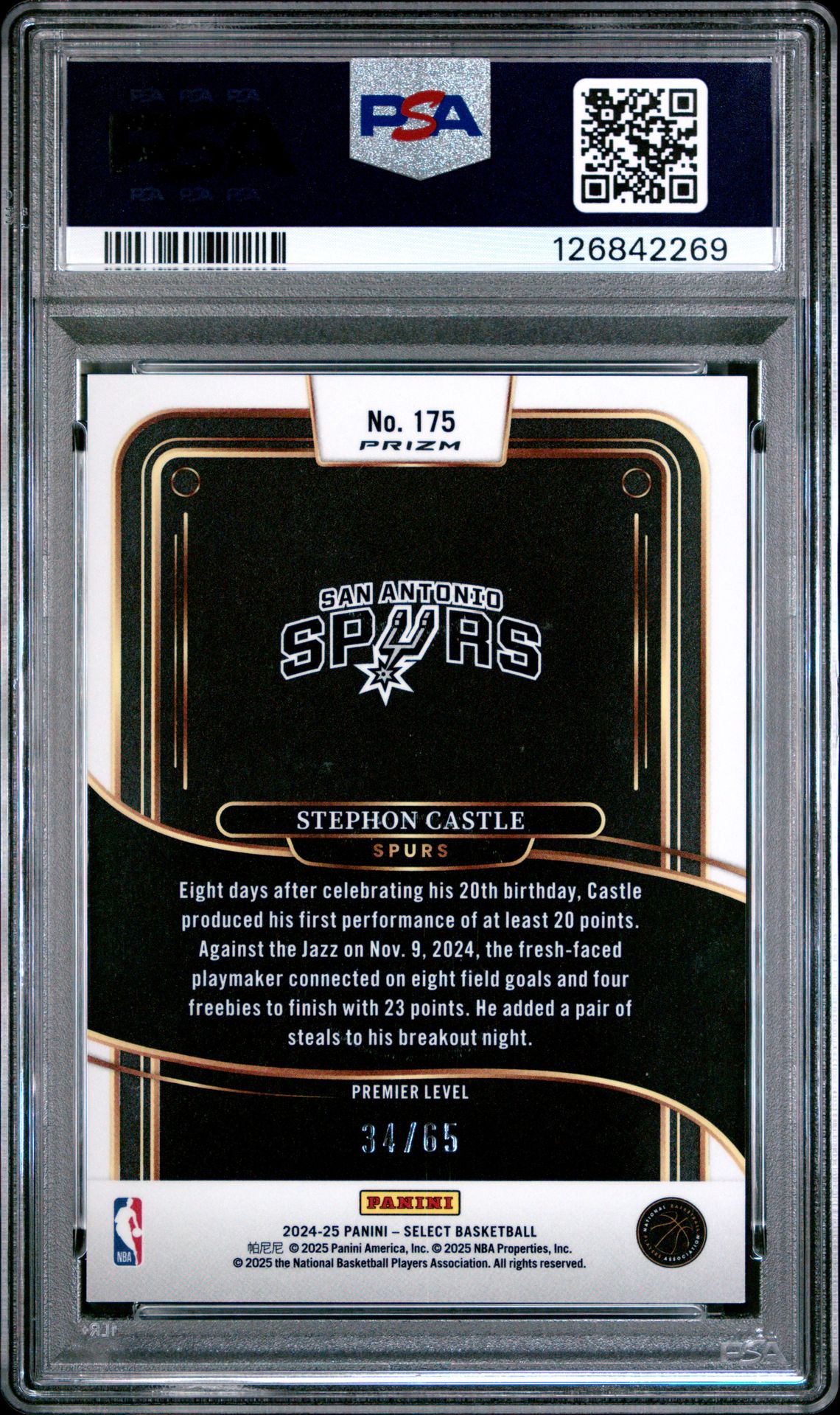 2024 Panini Select Stephon Castle #175 (Orange Prizm) Gem Mt 10 back