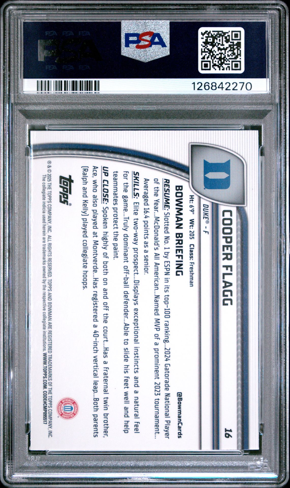 2024 Bowman Chrome University Cooper Flagg #16 (Green Shimmer) Mint 9 back