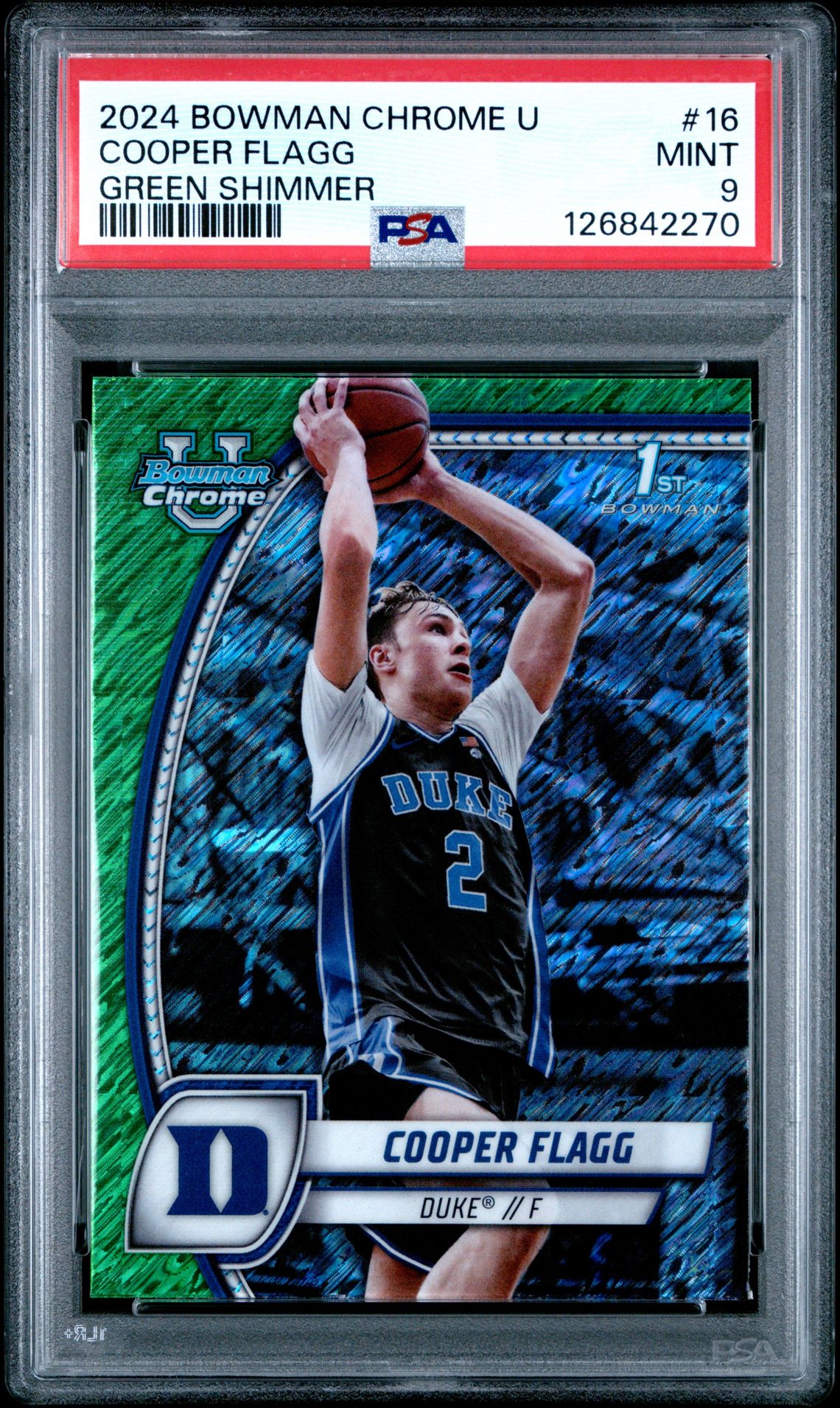 2024 Bowman Chrome University Cooper Flagg #16 (Green Shimmer) Mint 9 front