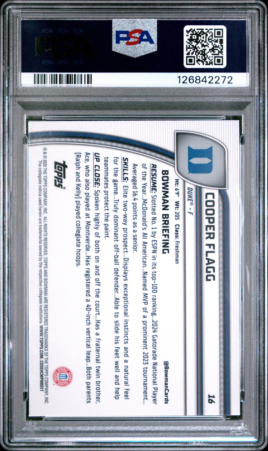 2024 Bowman Chrome University Cooper Flagg #16 (Purple Lava) Gem Mt 10 back