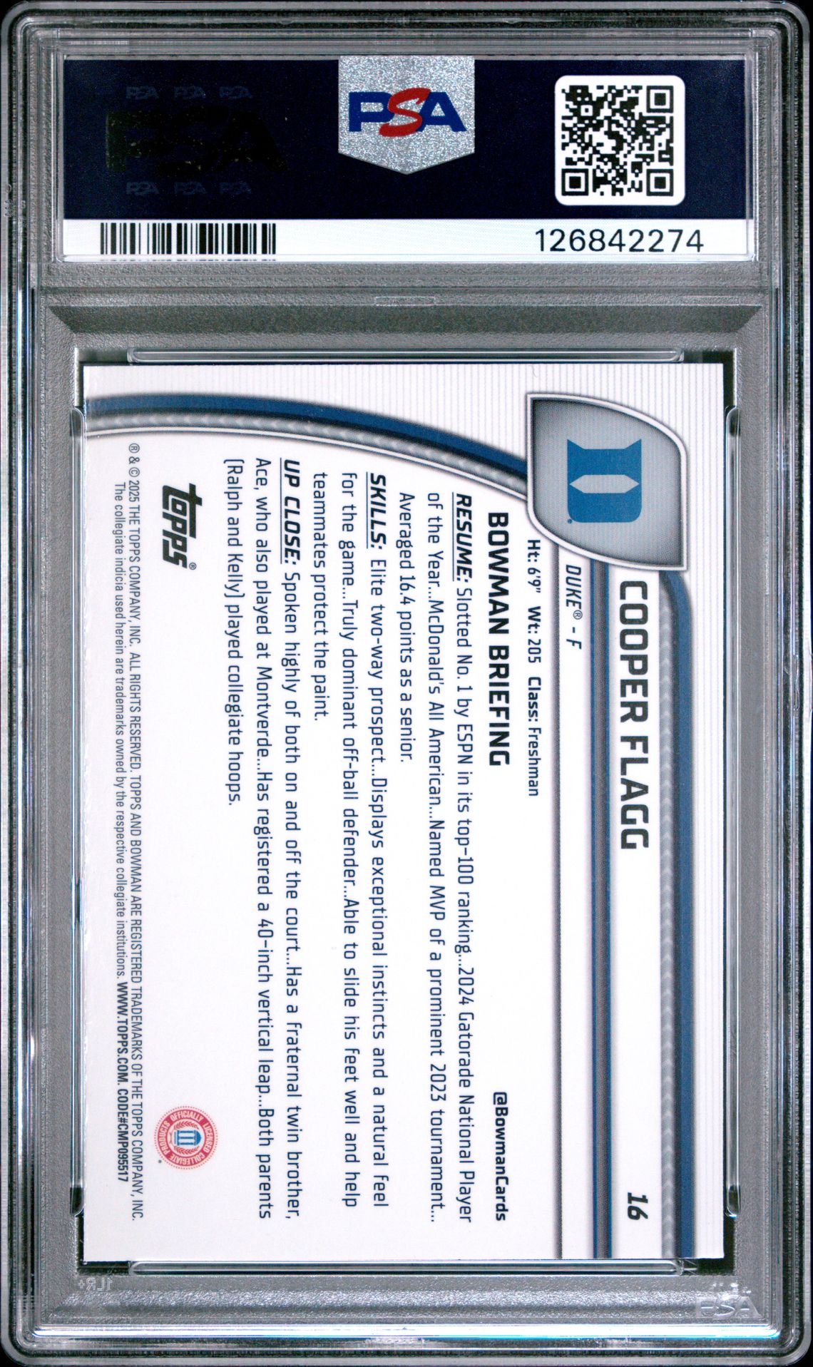 2024 Bowman Chrome University Cooper Flagg #16 (X-Fractor) Gem Mt 10 back
