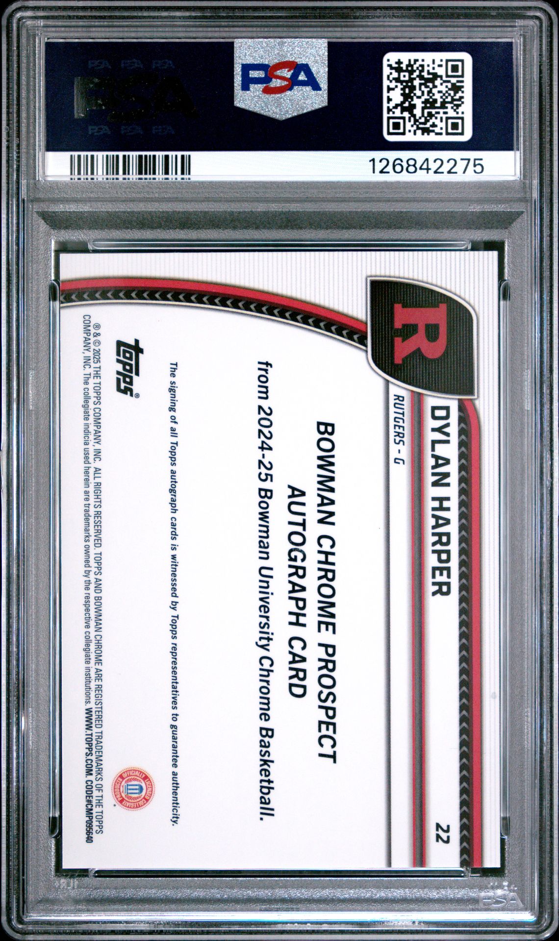 2024 Bowman Chrome University Dylan Harper #22 (Autograph-Stealth Ref) Gem Mt 10 back