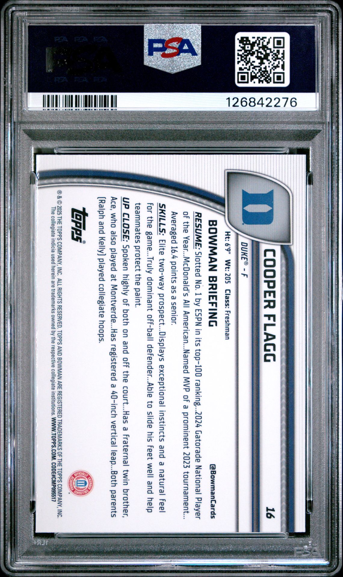 2024 Bowman University Chrome Sapphire Cooper Flagg #16 Gem Mt 10 back