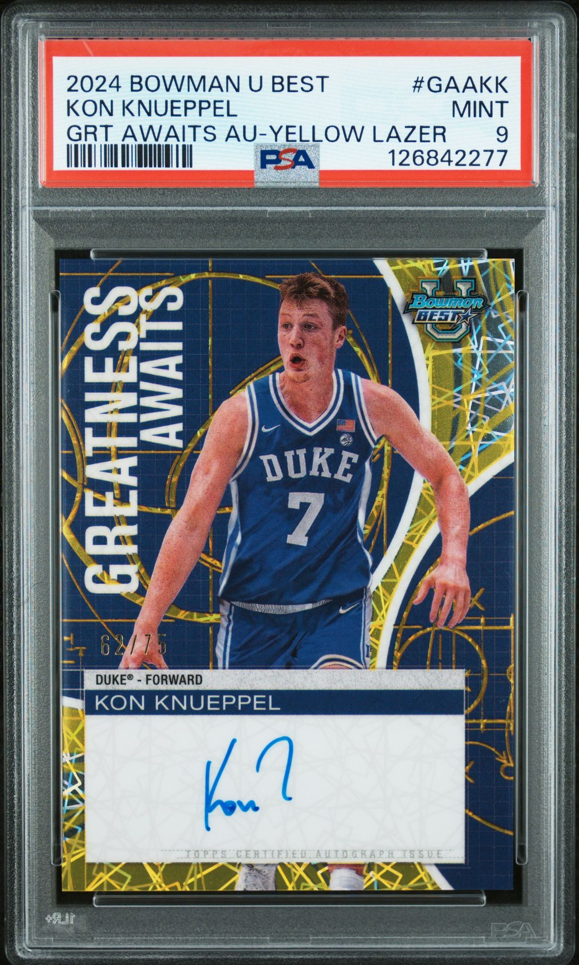 2024 Bowman University Best Greatness Awaits Autographs Kon Knueppel #Gaakk (Grt Awaits Au-Yellow Lazer) Mint 9 front