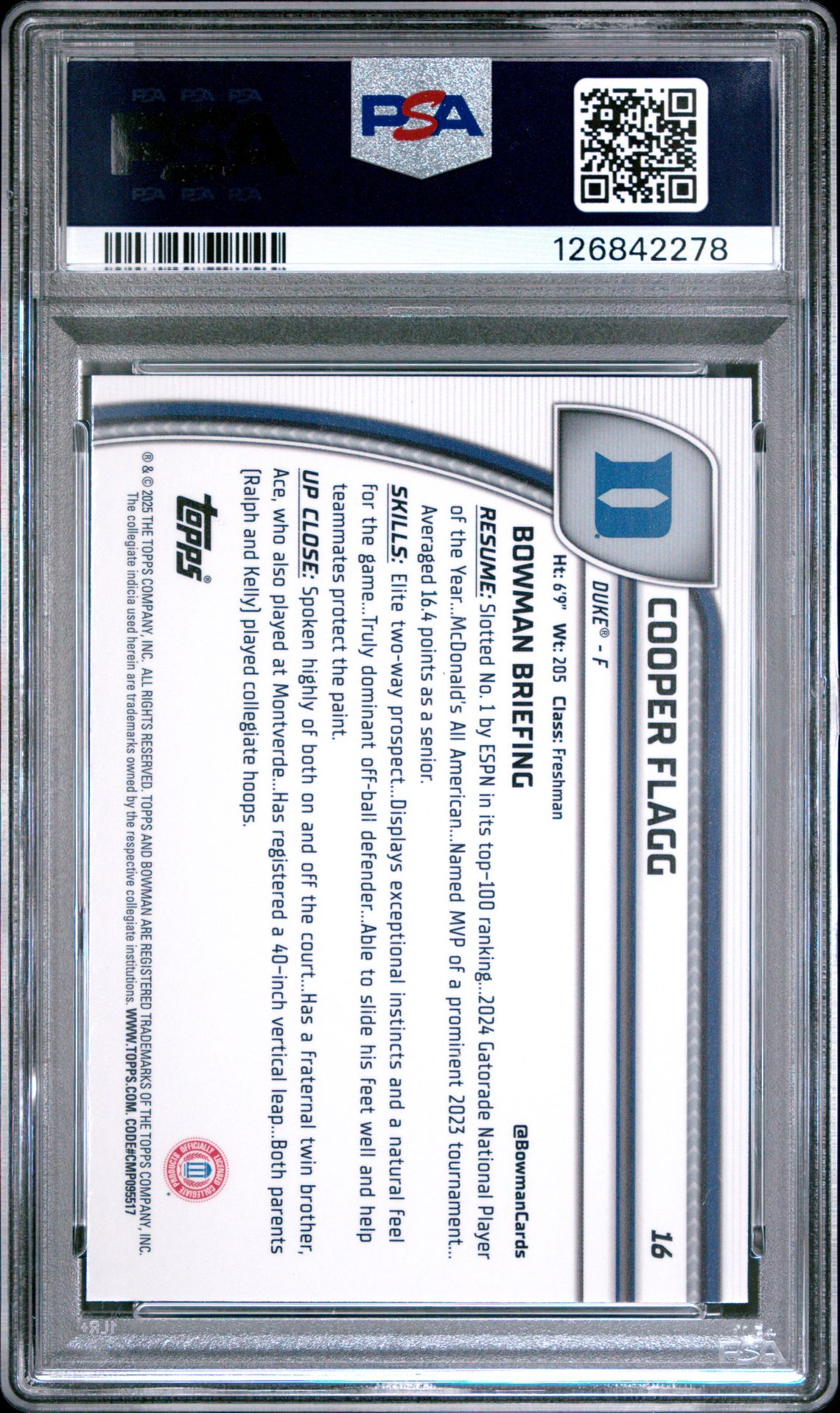 2024 Bowman Chrome University Cooper Flagg #16 (Black Wave) Gem Mt 10 back