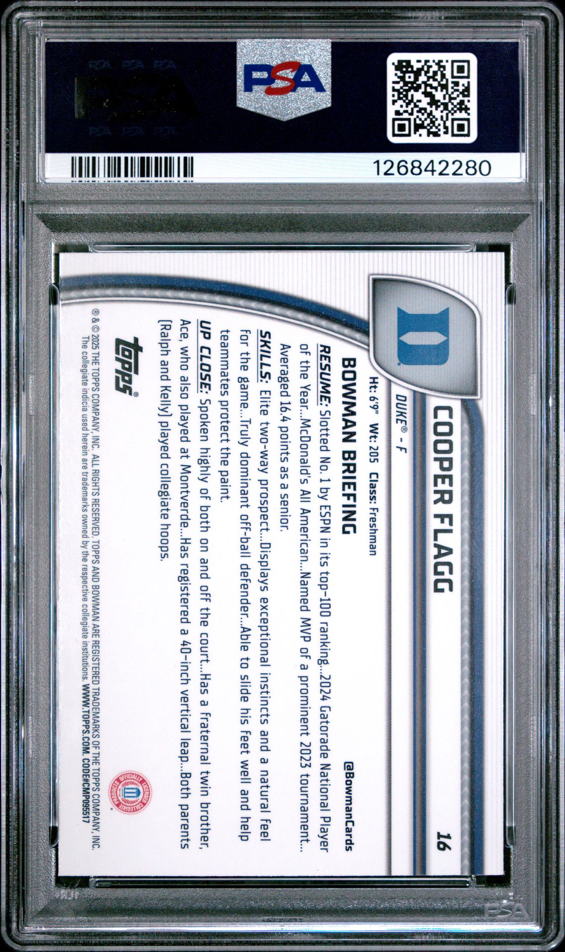 2024 Bowman Chrome University Cooper Flagg #16 (Purple Lava) Mint 9 back