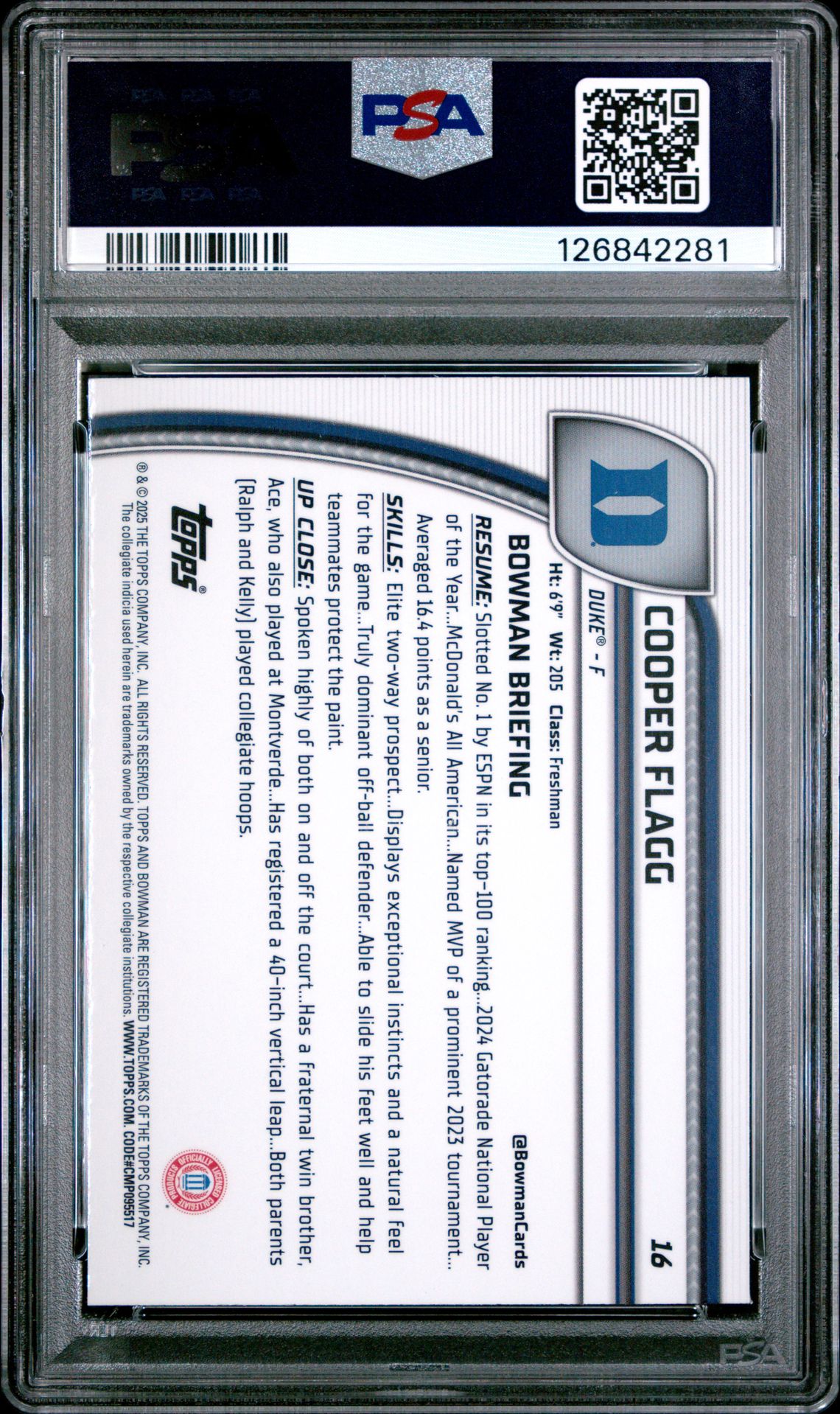 2024 Bowman Chrome University Cooper Flagg #16 (Green Shimmer) Mint 9 back