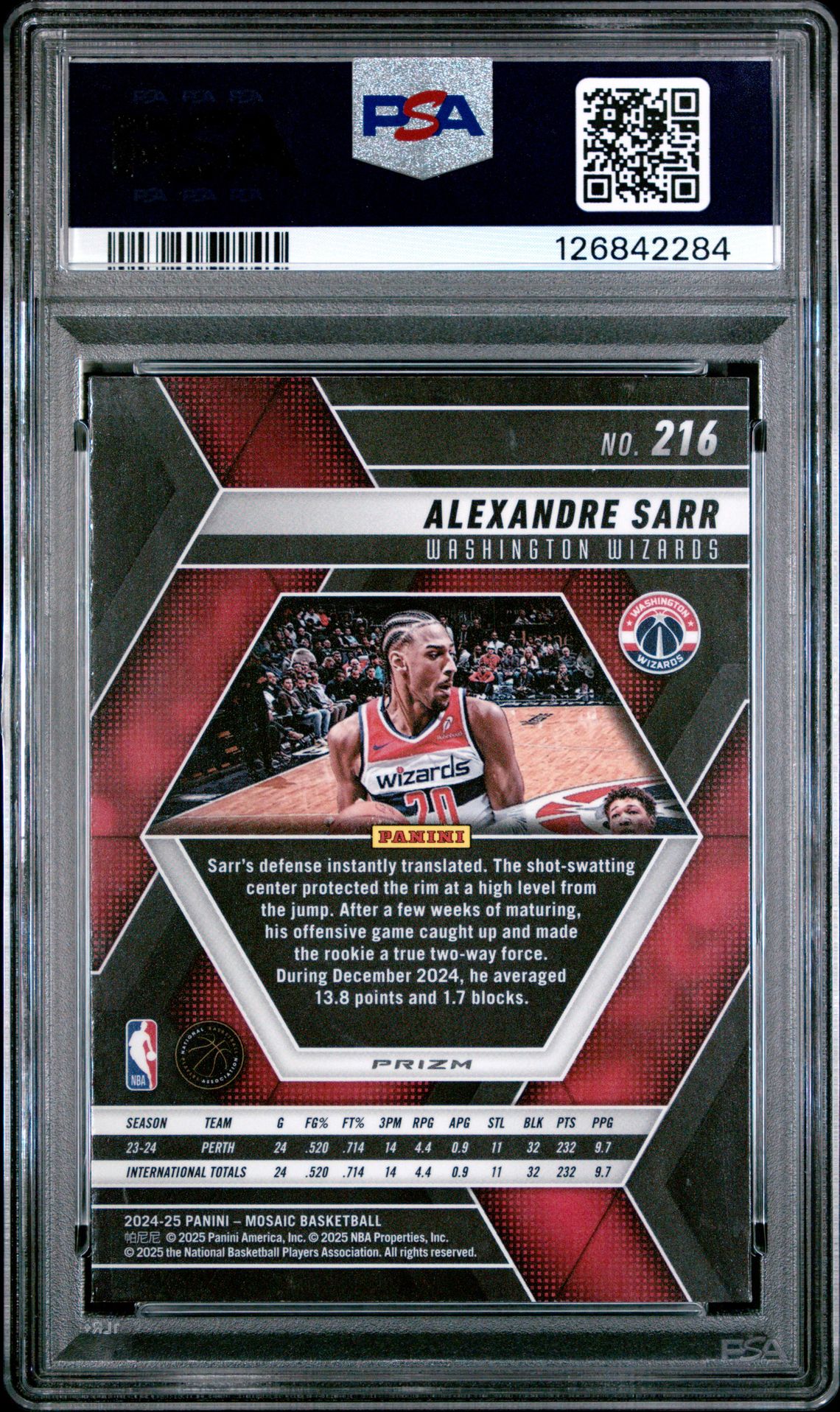 2024 Panini Mosaic Alexandre Sarr #216 (Glitter) Mint 9 back