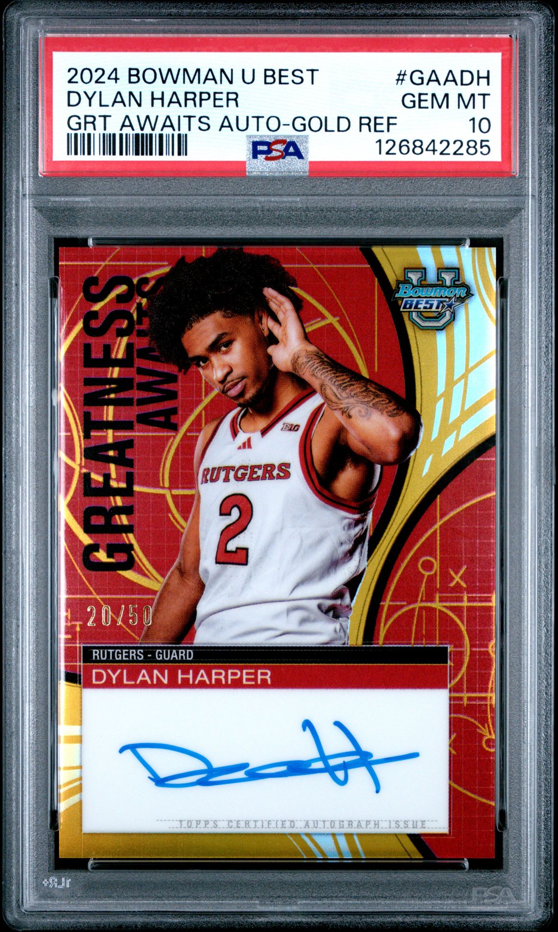 2024 Bowman University Best Greatness Awaits Autographs Dylan Harper #Gaadh (Grt Awaits Auto-Gold Ref) Gem Mt 10 front